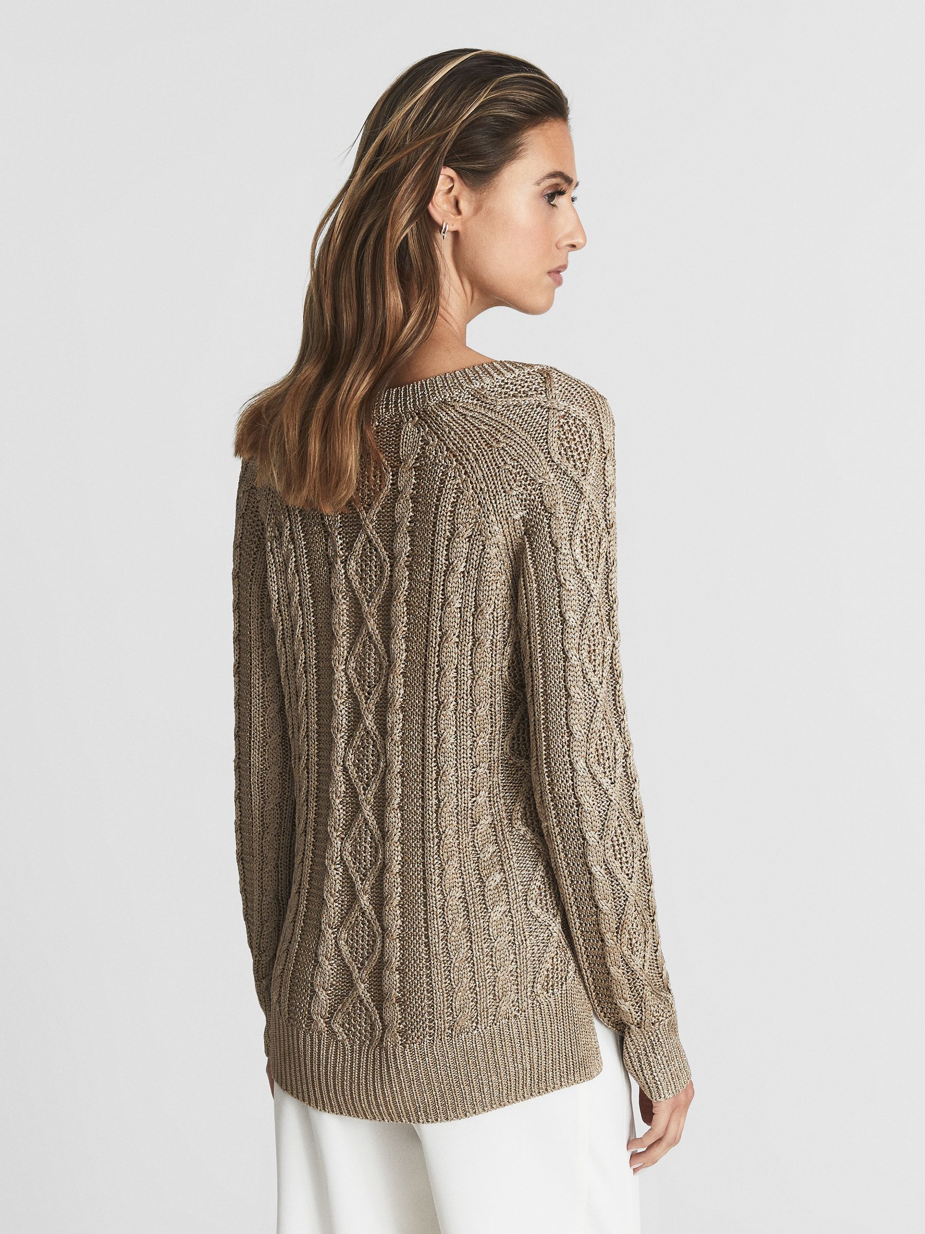 V-Neck Cable Knit Jumper in Gold - Image 5 of 7