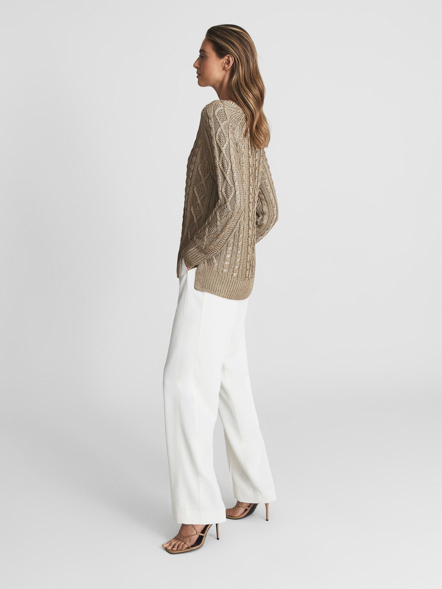 V-Neck Cable Knit Jumper in Gold - Image 6 of 7