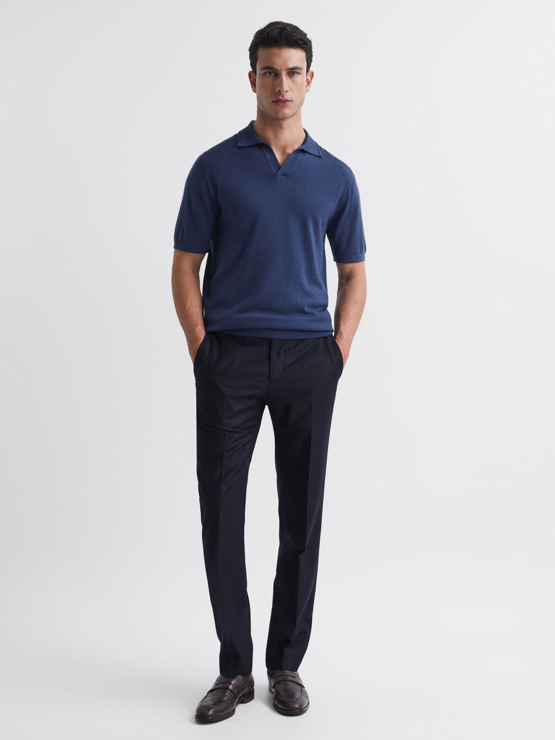 Merino Wool Open Collar Polo Shirt in Azure - Image 2 of 5