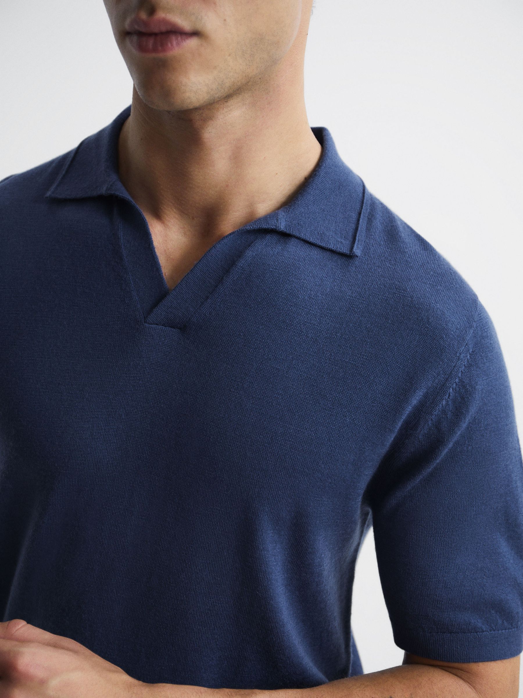 Merino Wool Open Collar Polo Shirt in Azure - Image 3 of 5