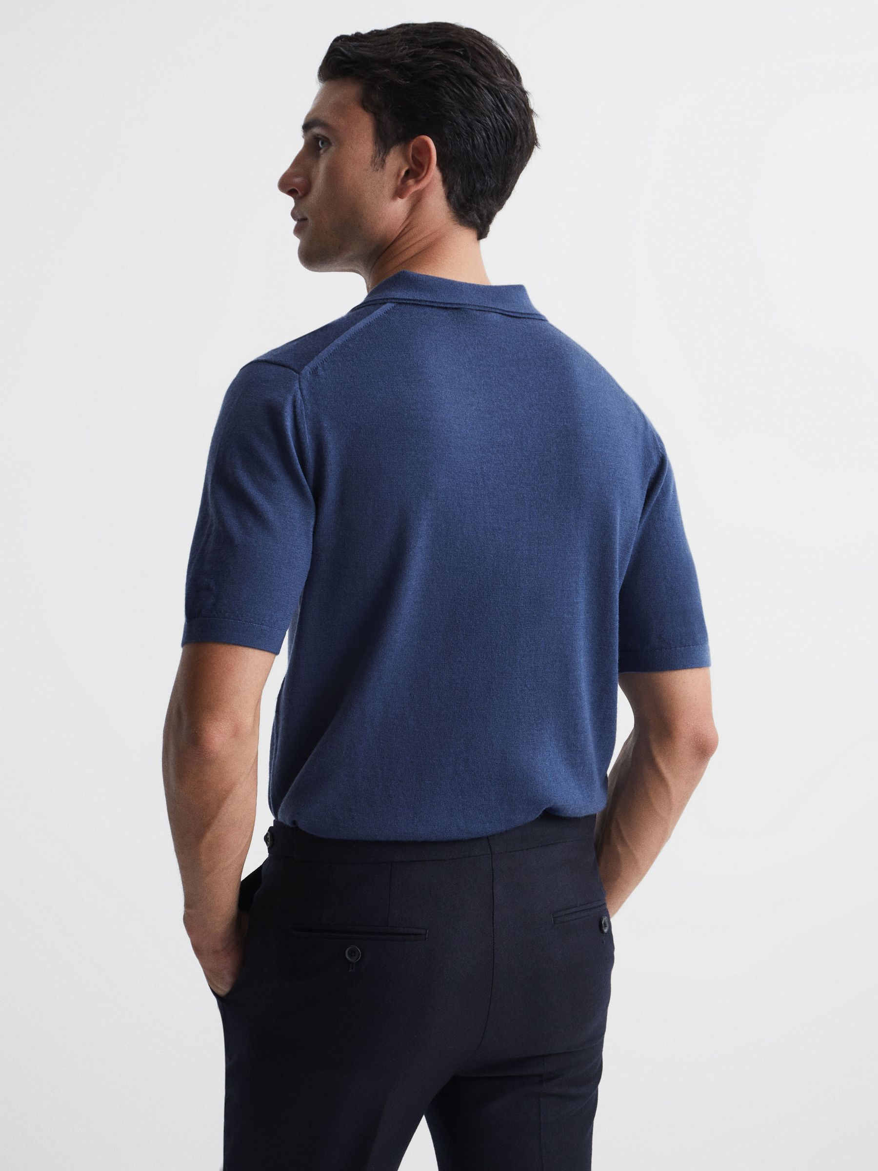 Merino Wool Open Collar Polo Shirt in Azure - Image 4 of 5