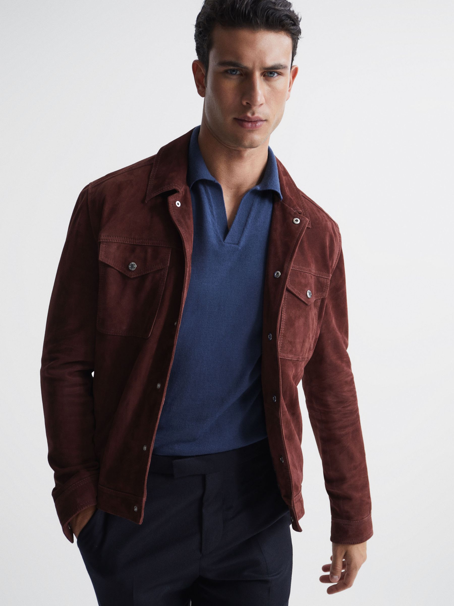 Merino Wool Open Collar Polo Shirt in Azure - Image 5 of 5