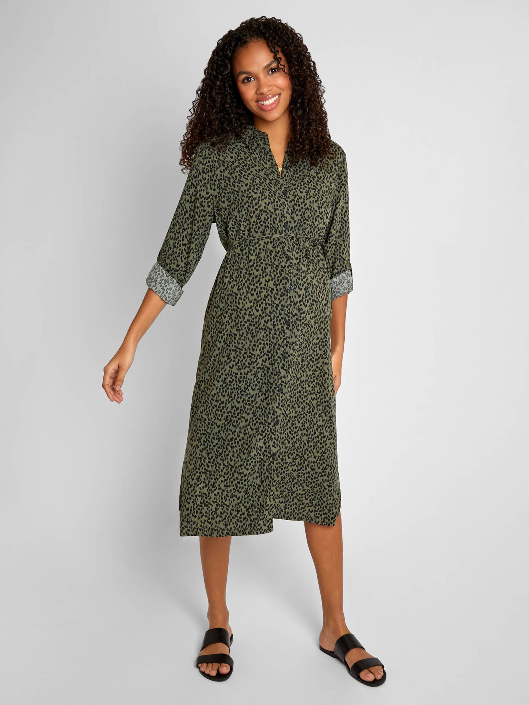 Animal Print Shirt Maternity Dress in Khaki - Image 1 of 4