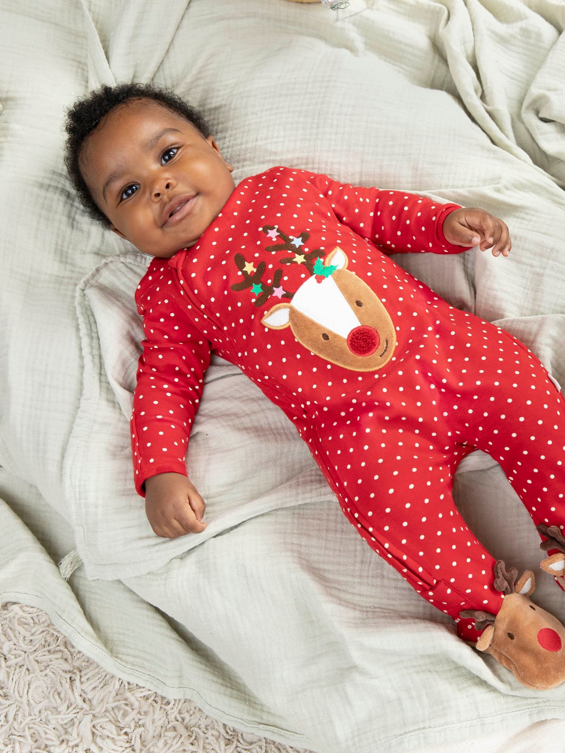 Red Reindeer Appliqué Zip Cotton Baby Sleepsuit - Image 1 of 4