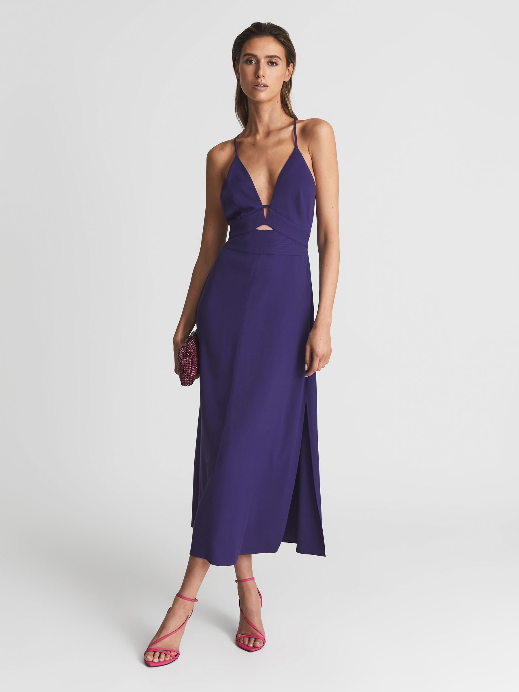 Plunge Bodycon Midi Dress in Purple - Image 1 of 6