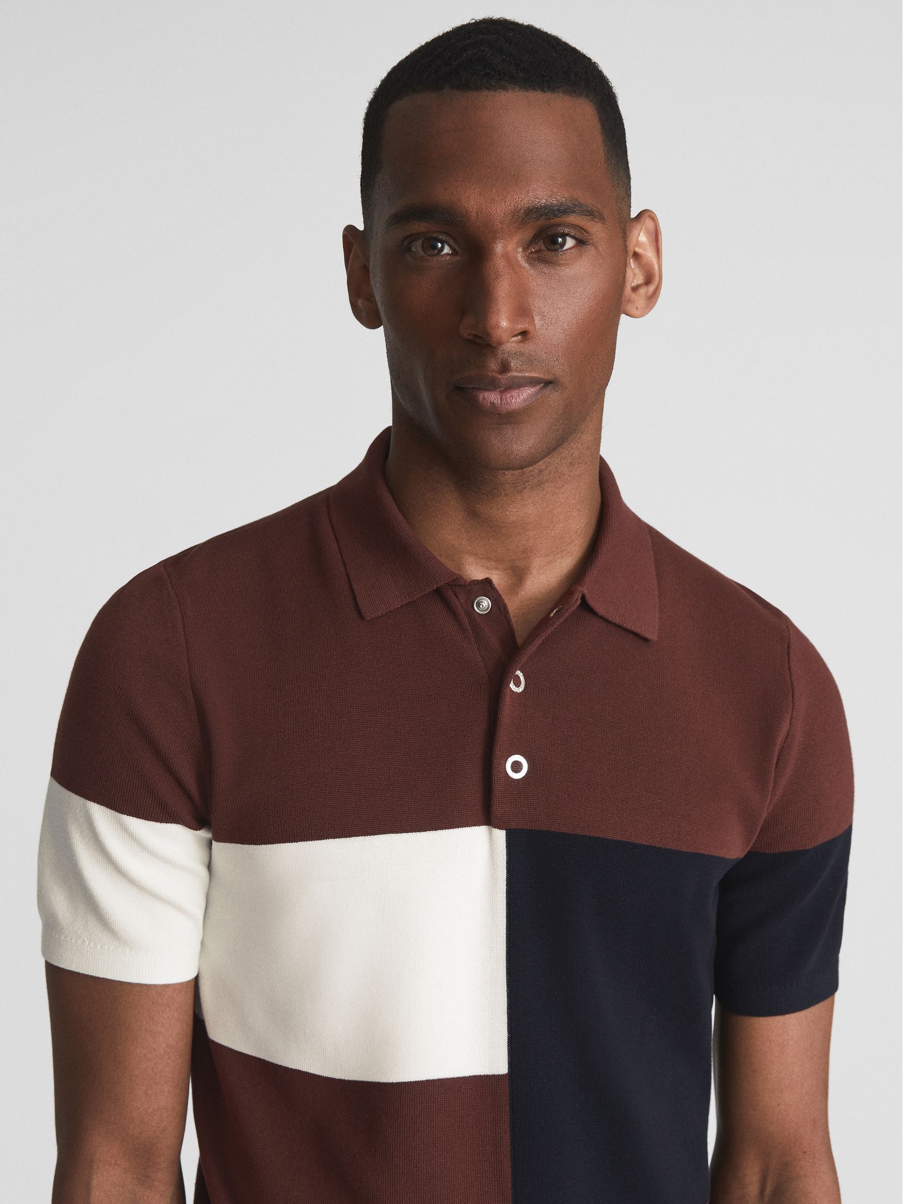Press Stud Colourblock Polo T-Shirt in Rust - Image 1 of 6 Press Stud Colourblock Polo T-Shirt in Rust - Image 1 of 6