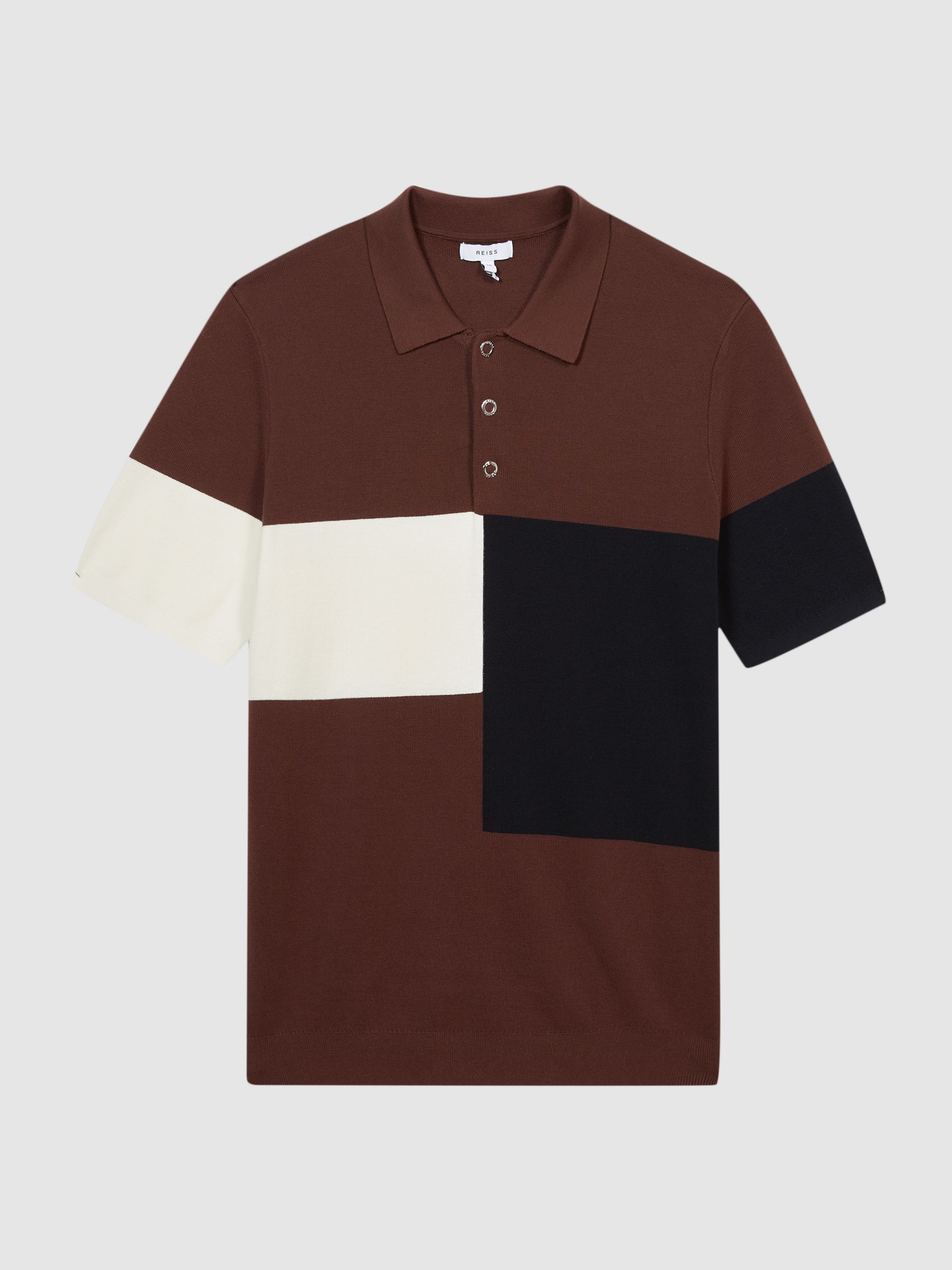 Press Stud Colourblock Polo T-Shirt in Rust - Image 2 of 6 Press Stud Colourblock Polo T-Shirt in Rust - Image 2 of 6