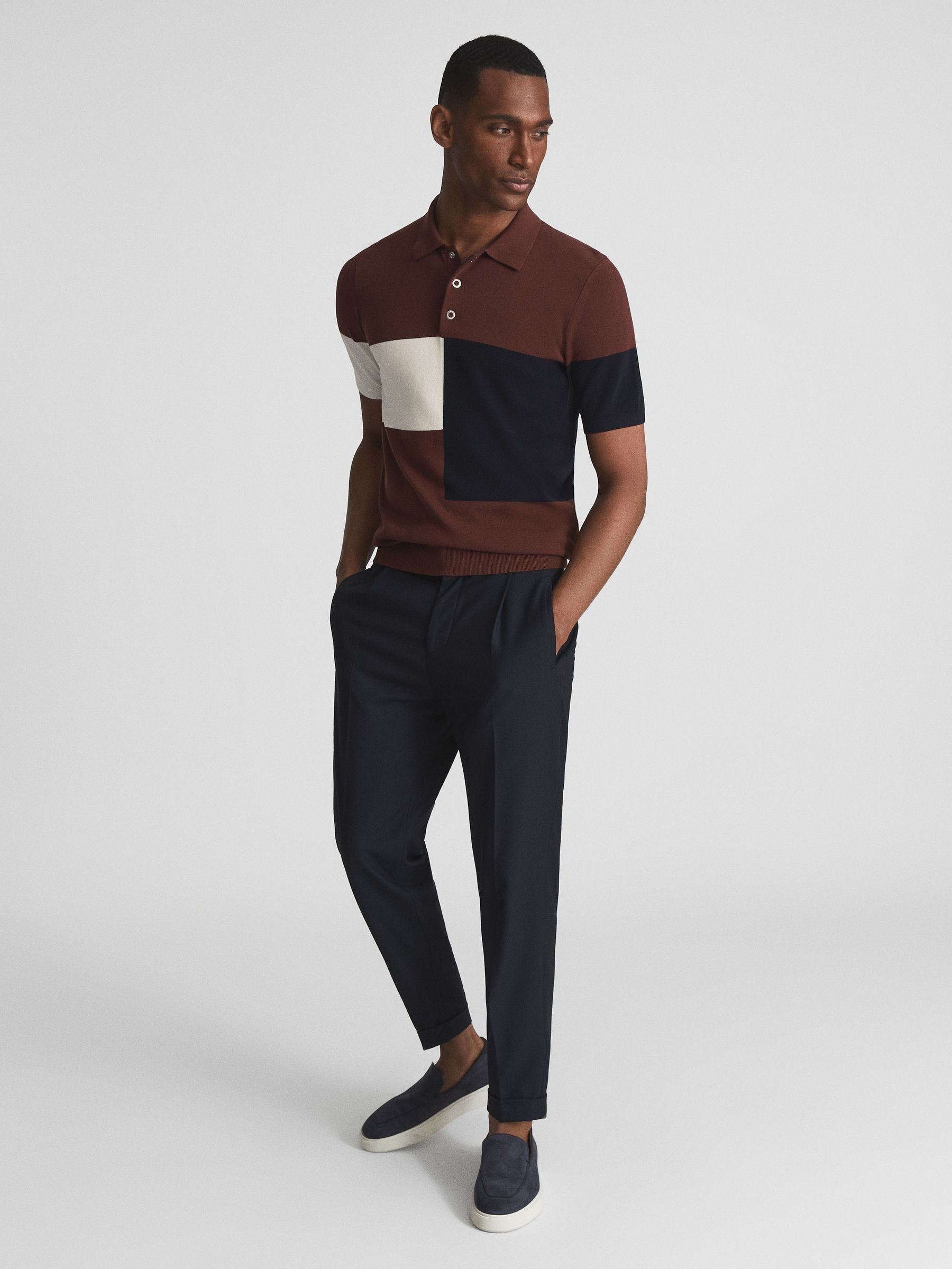 Press Stud Colourblock Polo T-Shirt in Rust - Image 3 of 6