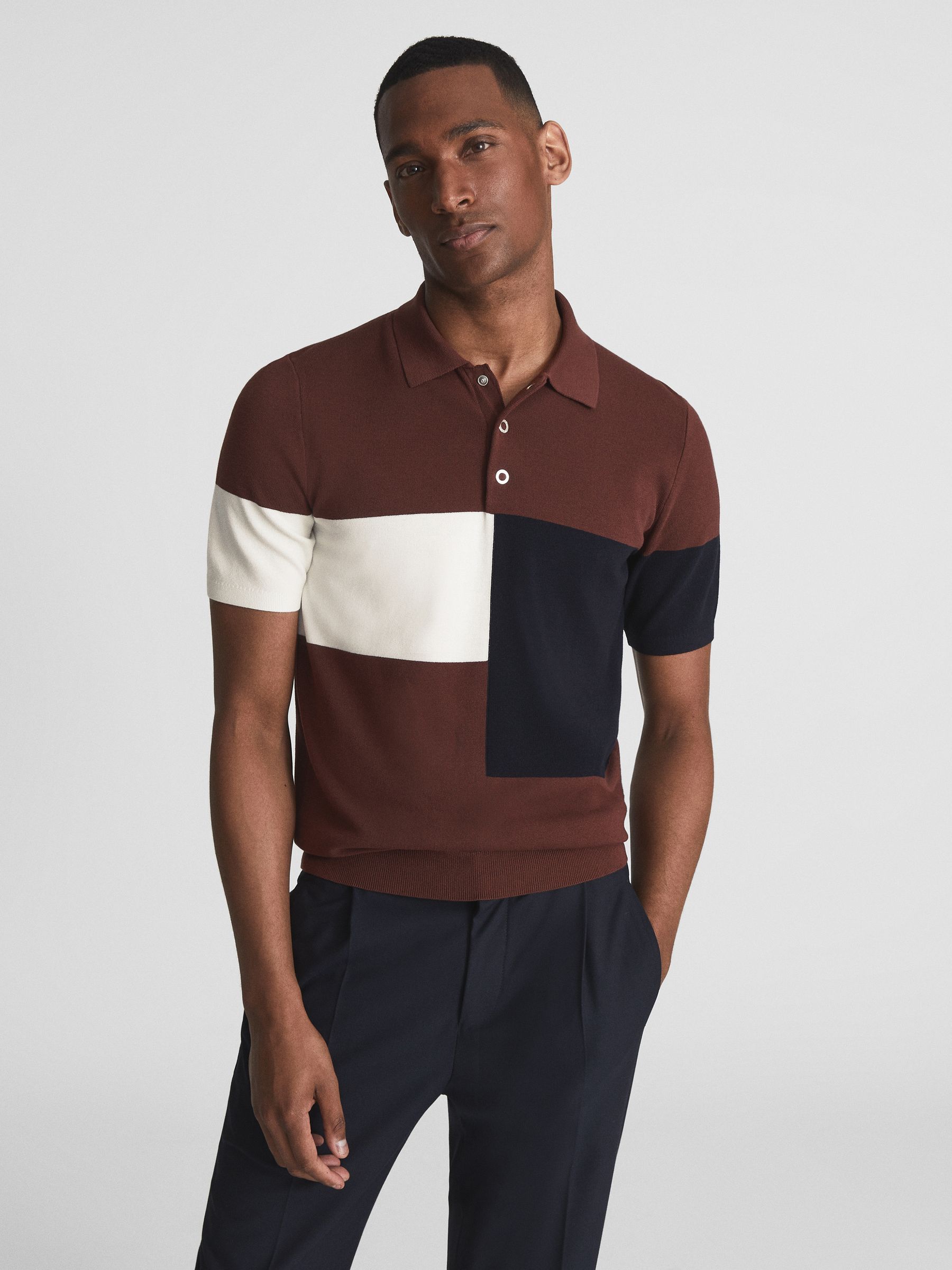 Press Stud Colourblock Polo T-Shirt in Rust - Image 4 of 6