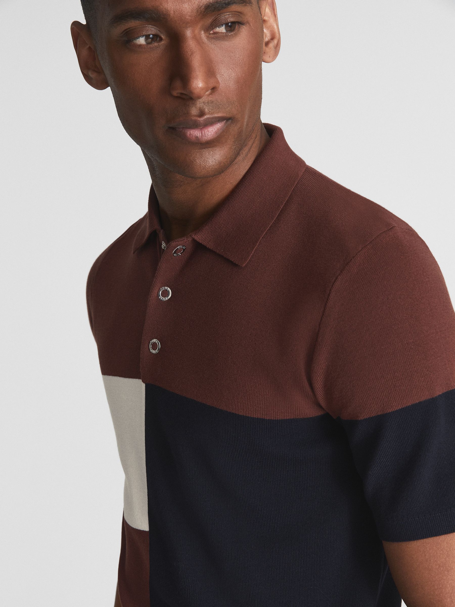 Press Stud Colourblock Polo T-Shirt in Rust - Image 6 of 6