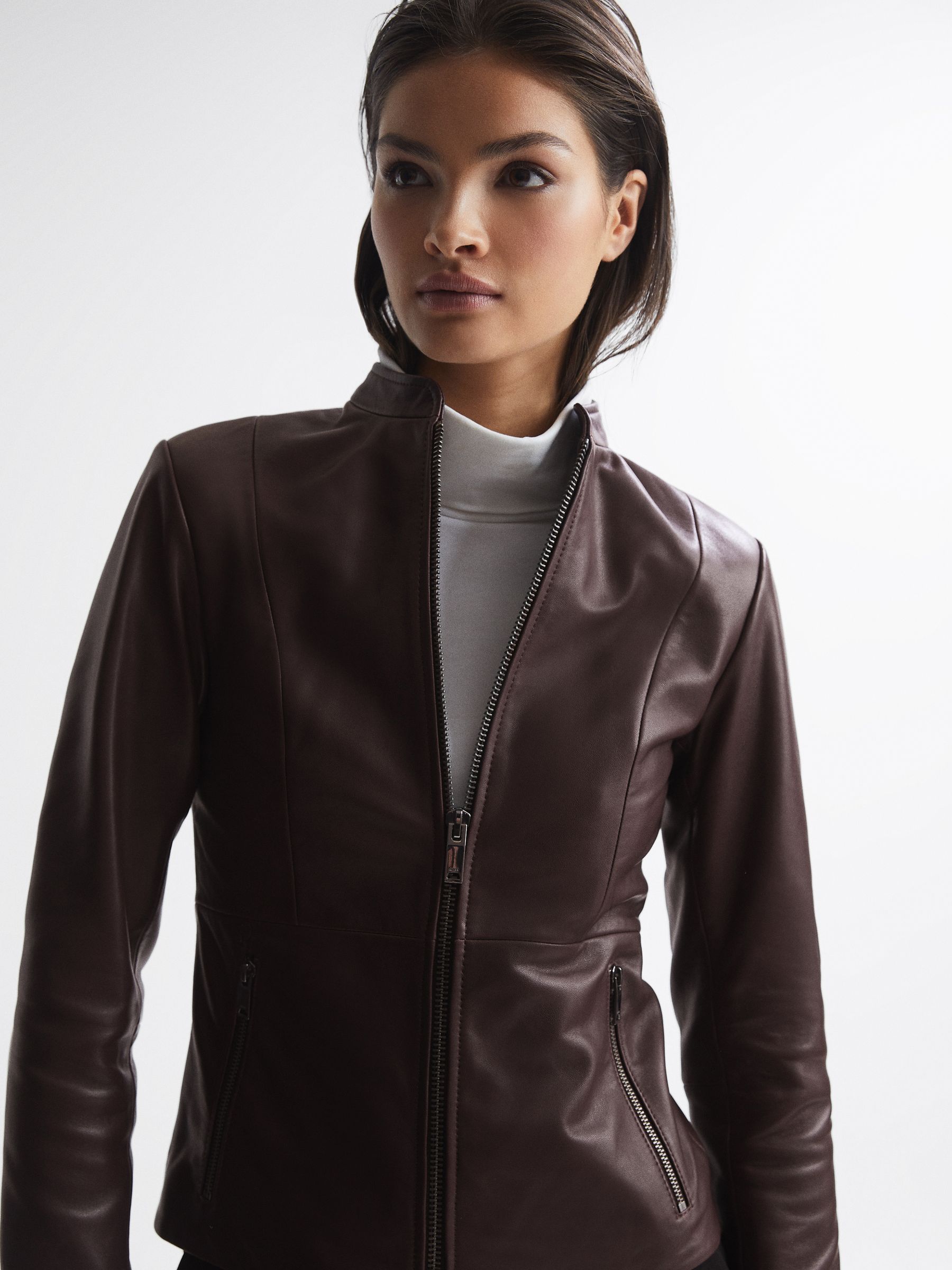 Leather Zip Front Biker Jacket in Berry - Image 1 of 7 Leather Zip Front Biker Jacket in Berry - Image 1 of 7