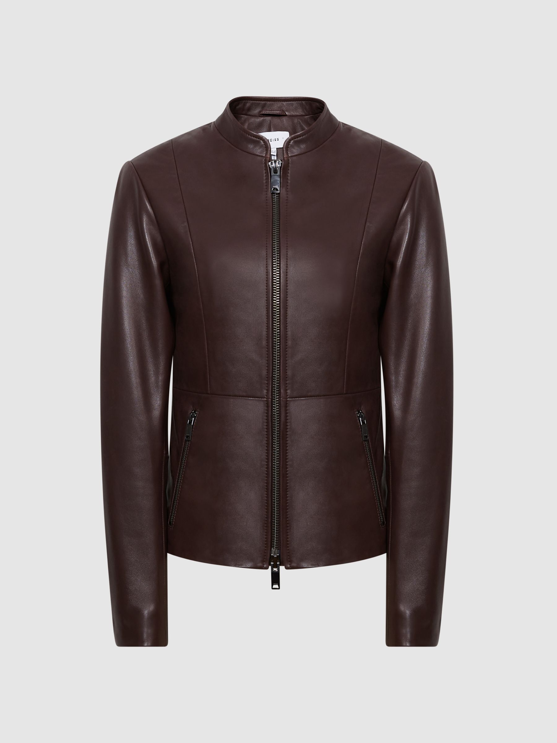 Leather Zip Front Biker Jacket in Berry - Image 2 of 7 Leather Zip Front Biker Jacket in Berry - Image 2 of 7