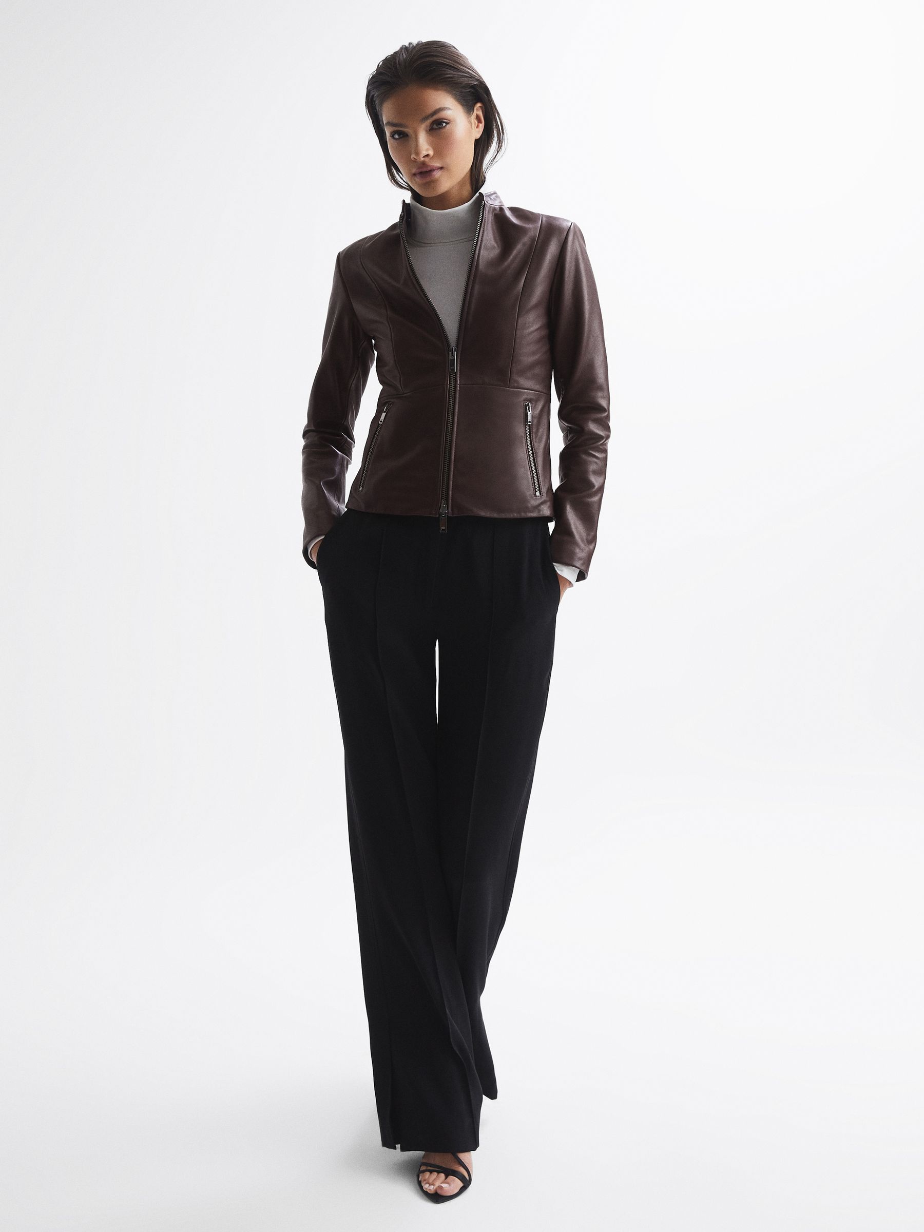 Leather Zip Front Biker Jacket in Berry - Image 3 of 7