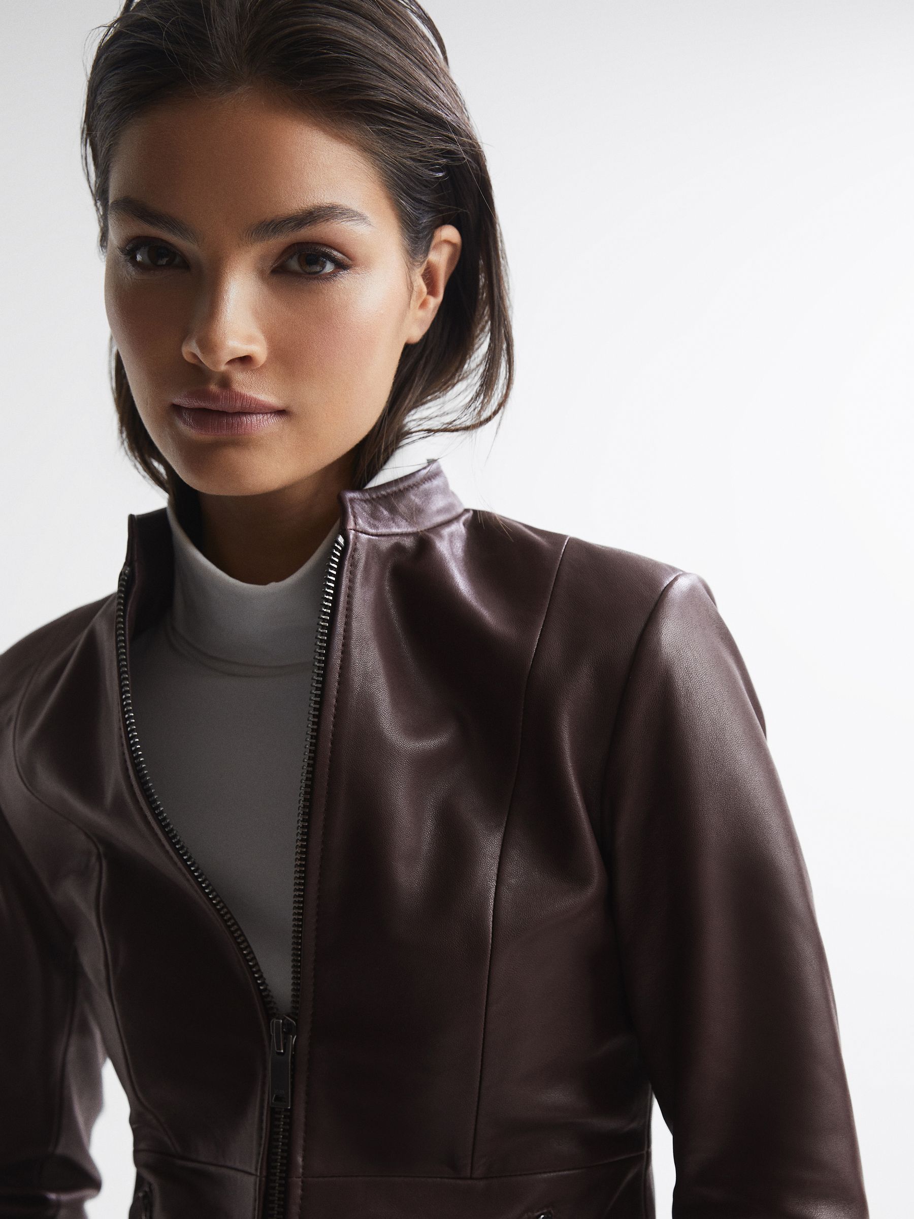 Reiss Leather Zip Front Biker Jacket in Berry - REISS Reiss Leather Zip Front Biker Jacket in Berry - REISS