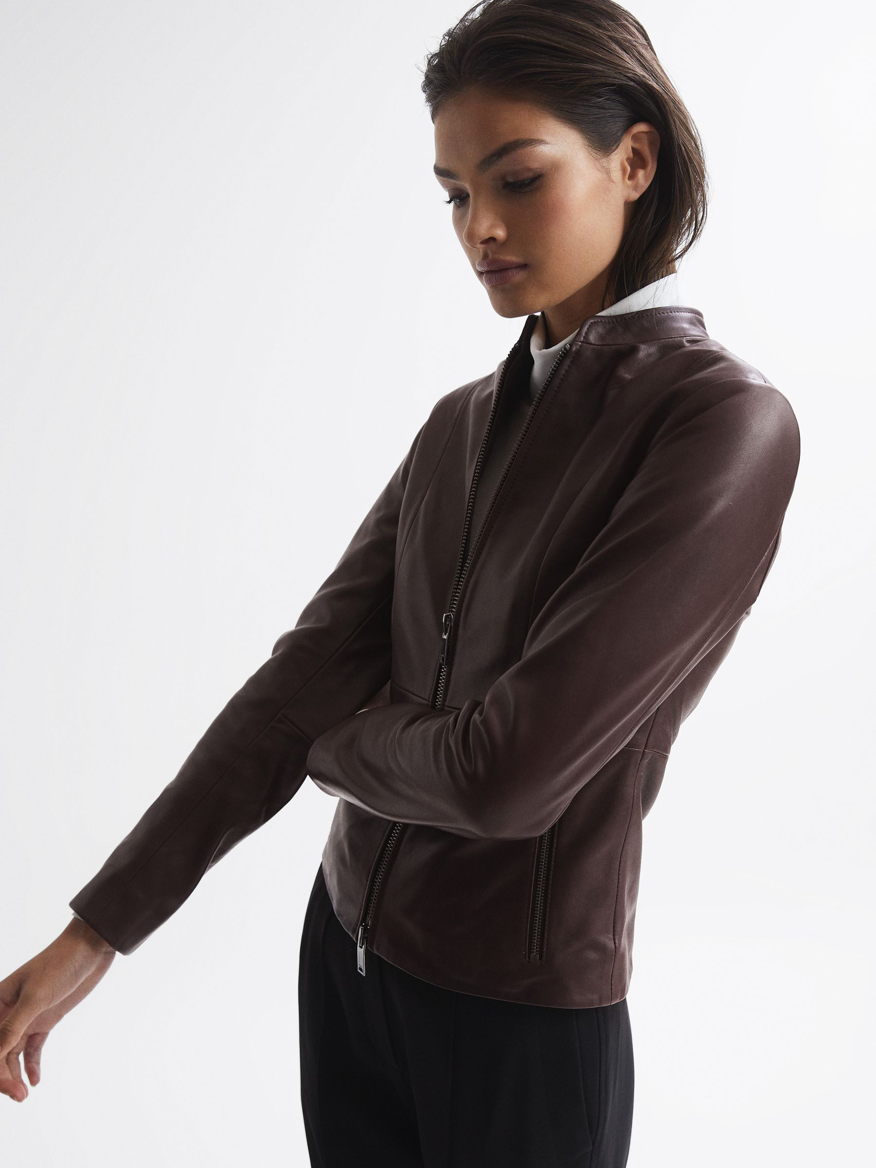 Leather Zip Front Biker Jacket in Berry - Image 6 of 7