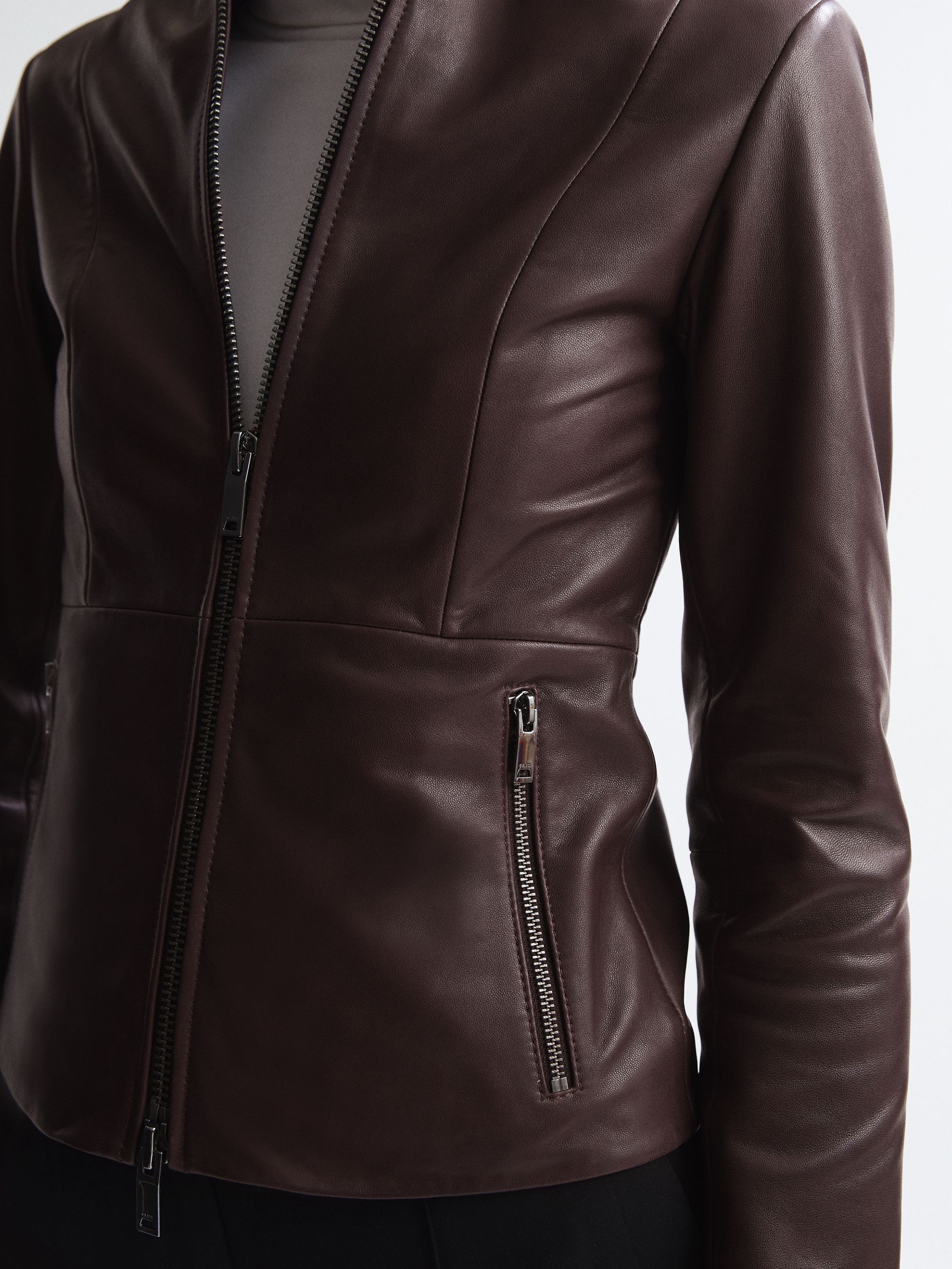 Leather Zip Front Biker Jacket in Berry - Image 7 of 7