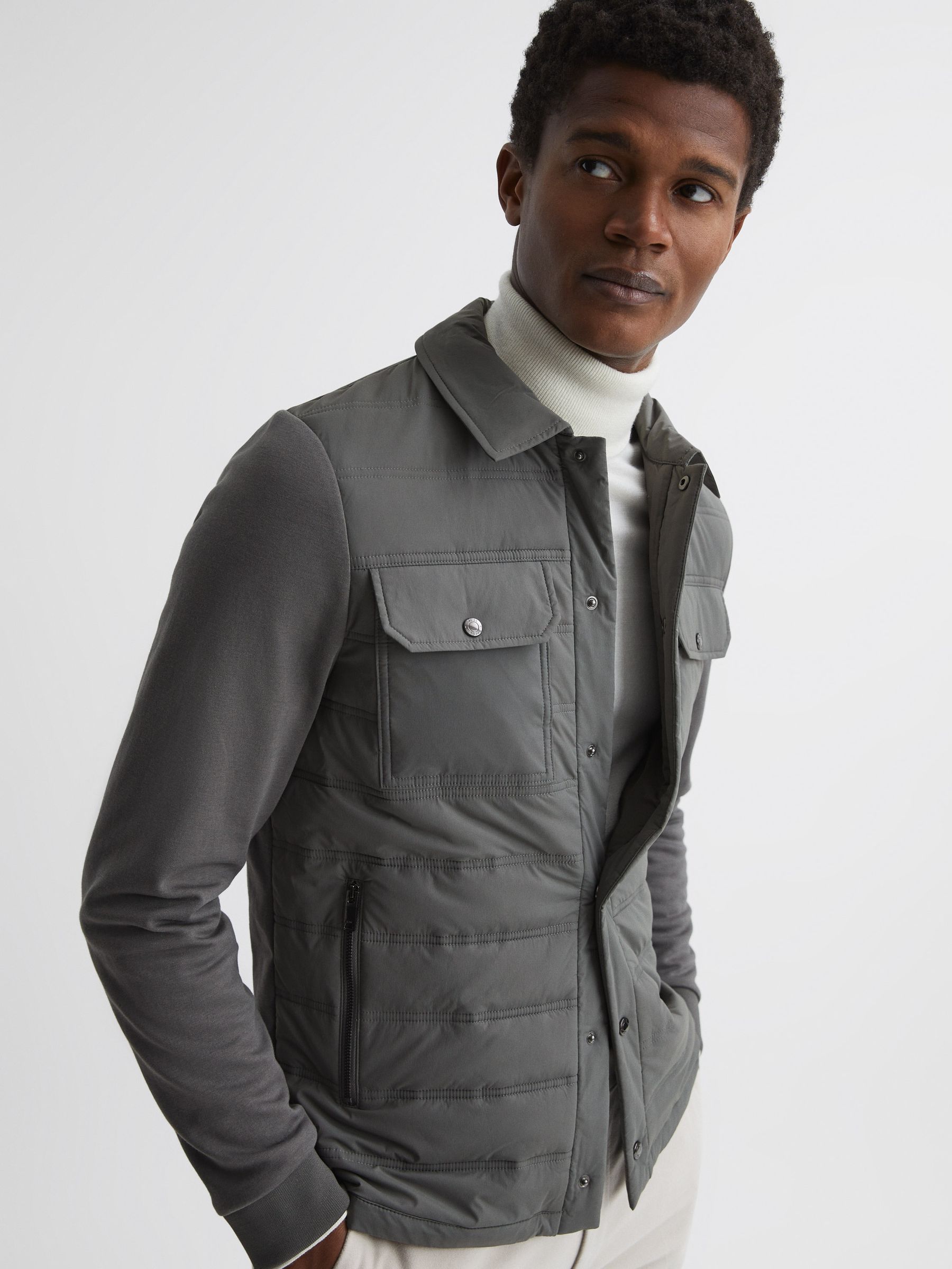 Long Sleeve Quilted Hybrid Jacket in Dark Green - Image 1 of 7