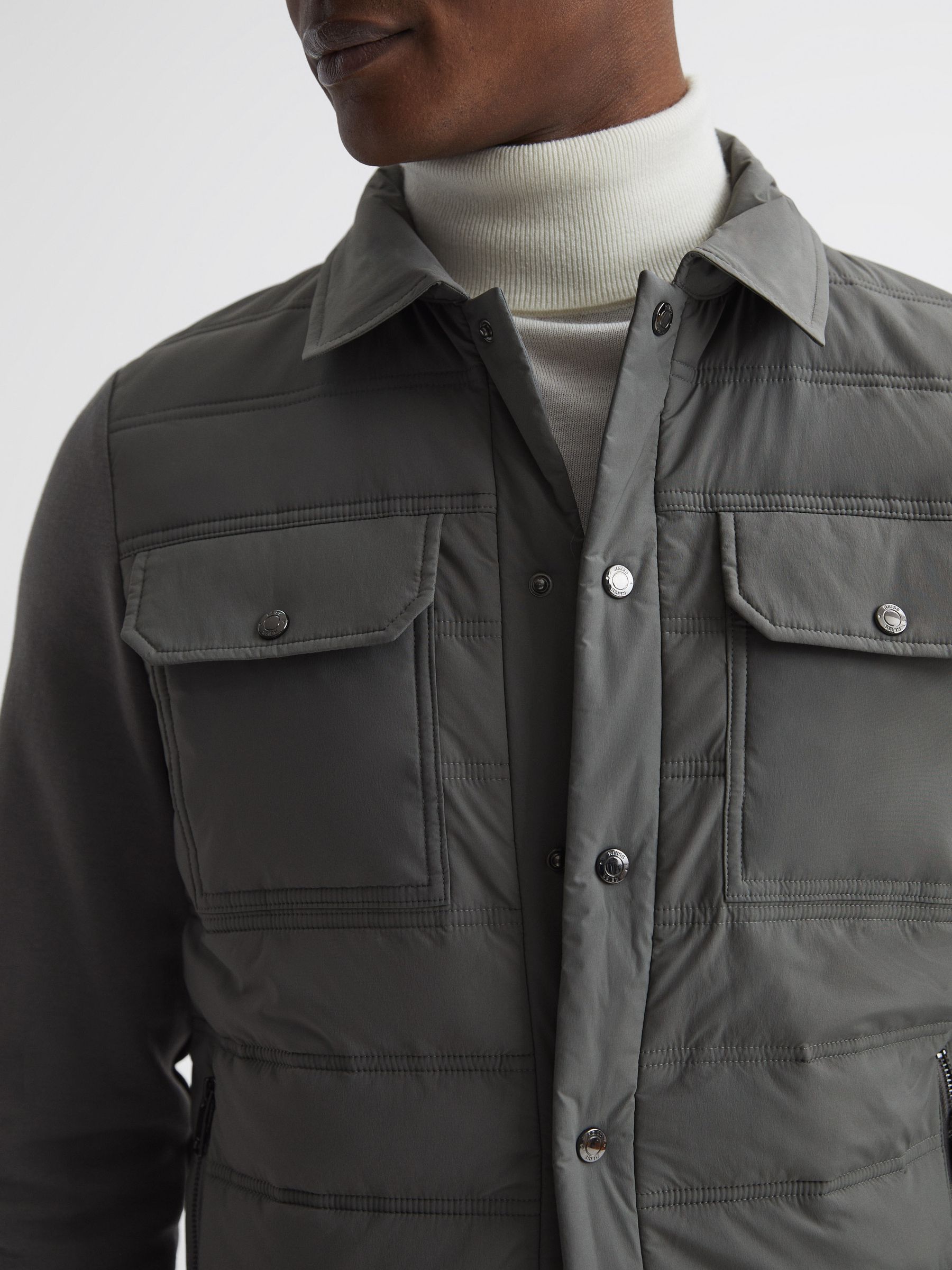 Long Sleeve Quilted Hybrid Jacket in Dark Green - Image 4 of 7