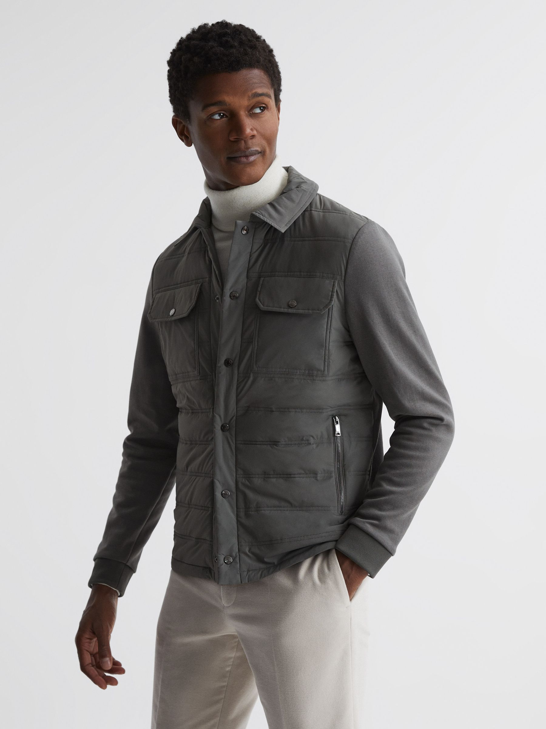 Long Sleeve Quilted Hybrid Jacket in Dark Green - Image 7 of 7