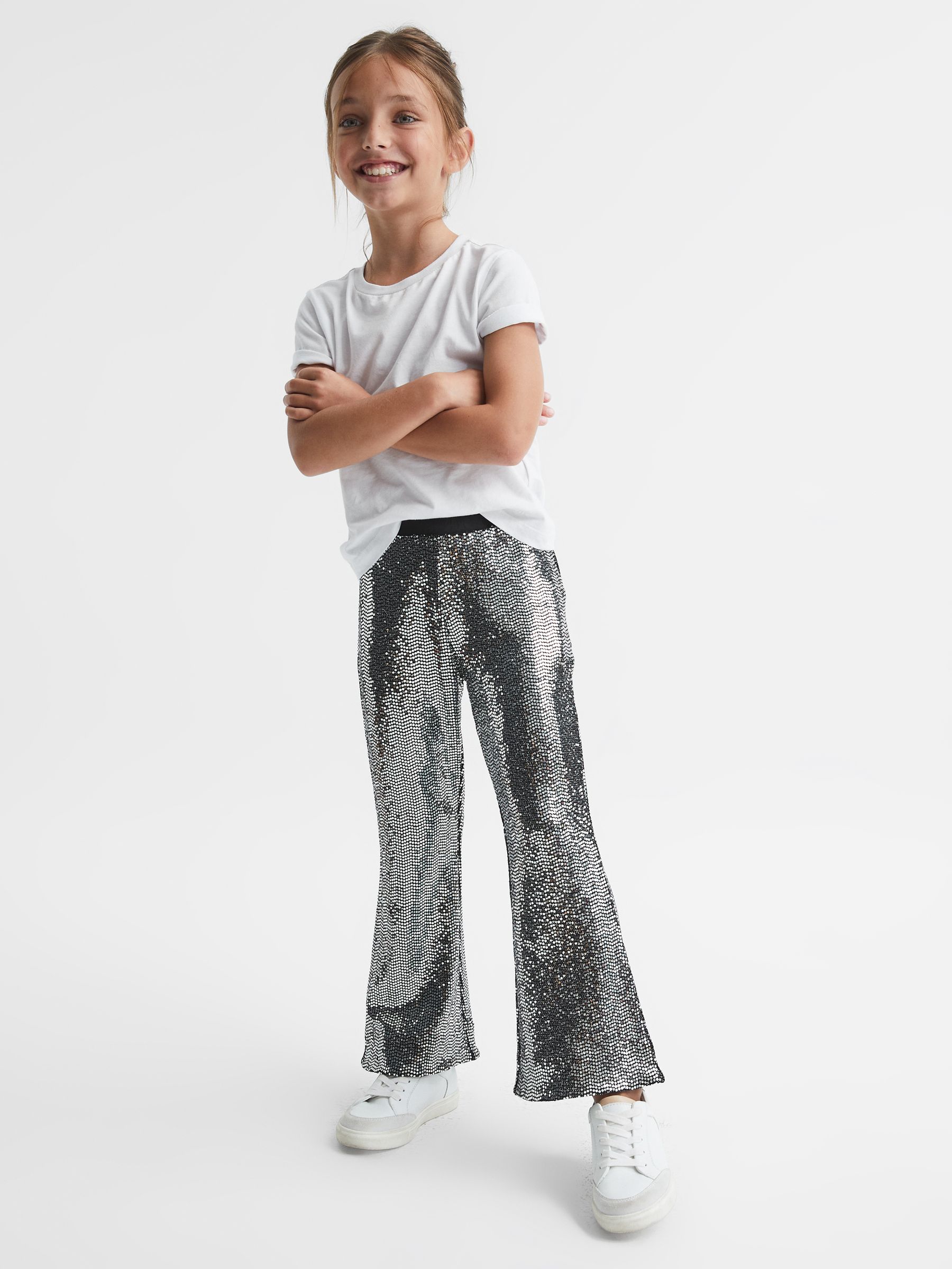 Junior Sequin Flare Occasion Trousers in Silver - Image 1 of 7