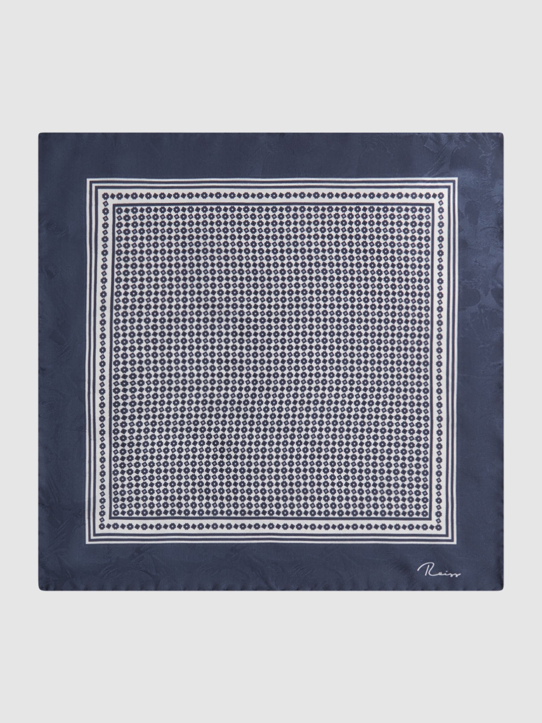 Silk Geometric Pocket Square in Navy/Ivory - Image 4 of 5