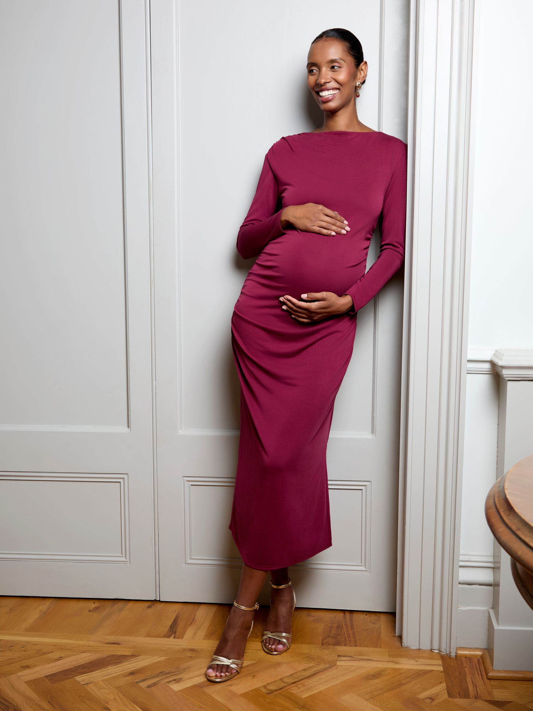 Burgundy Red Long Sleeve Draped Maternity Midi Dress - Image 2 of 5