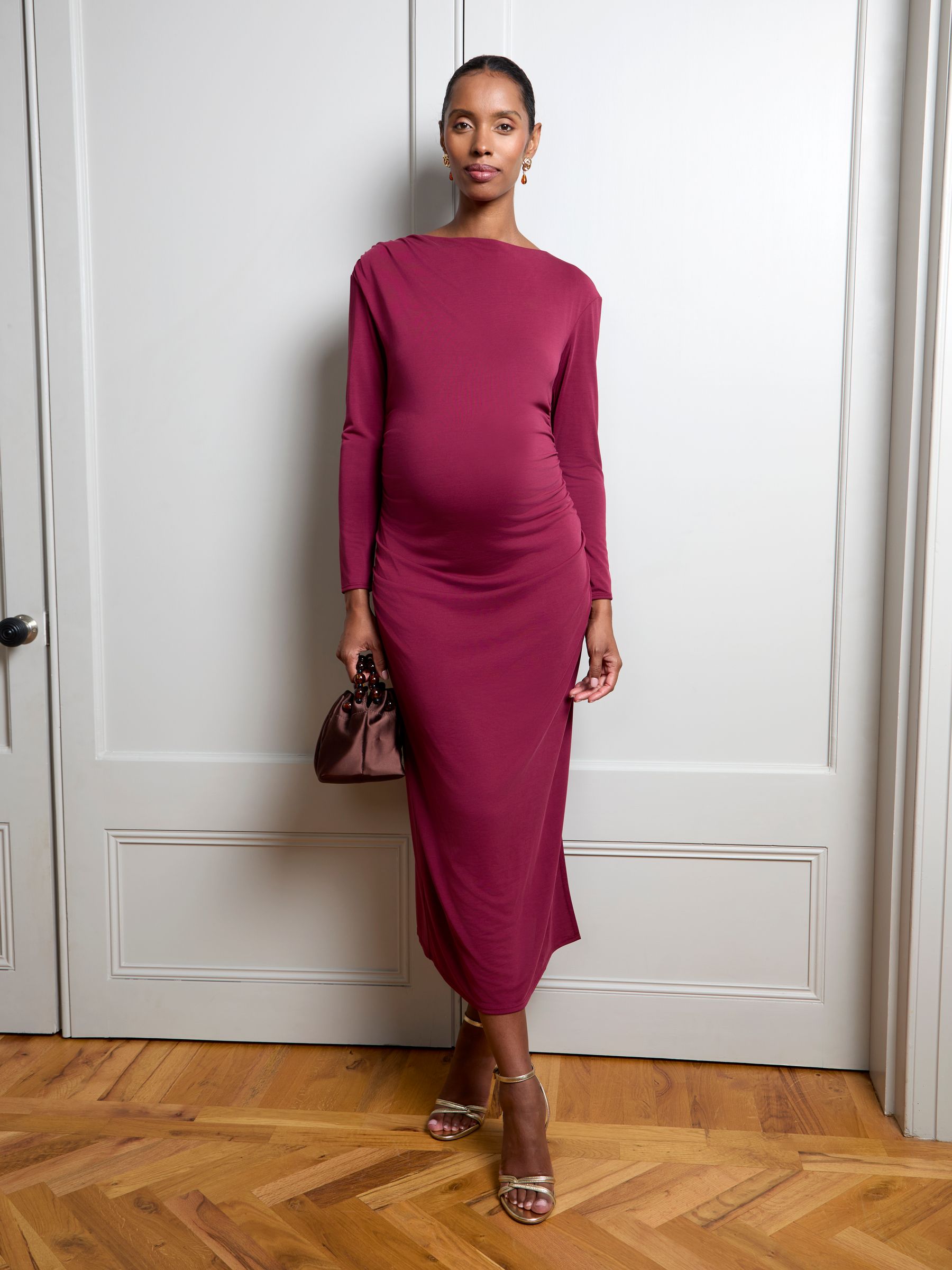 Burgundy Red Long Sleeve Draped Maternity Midi Dress - Image 3 of 5
