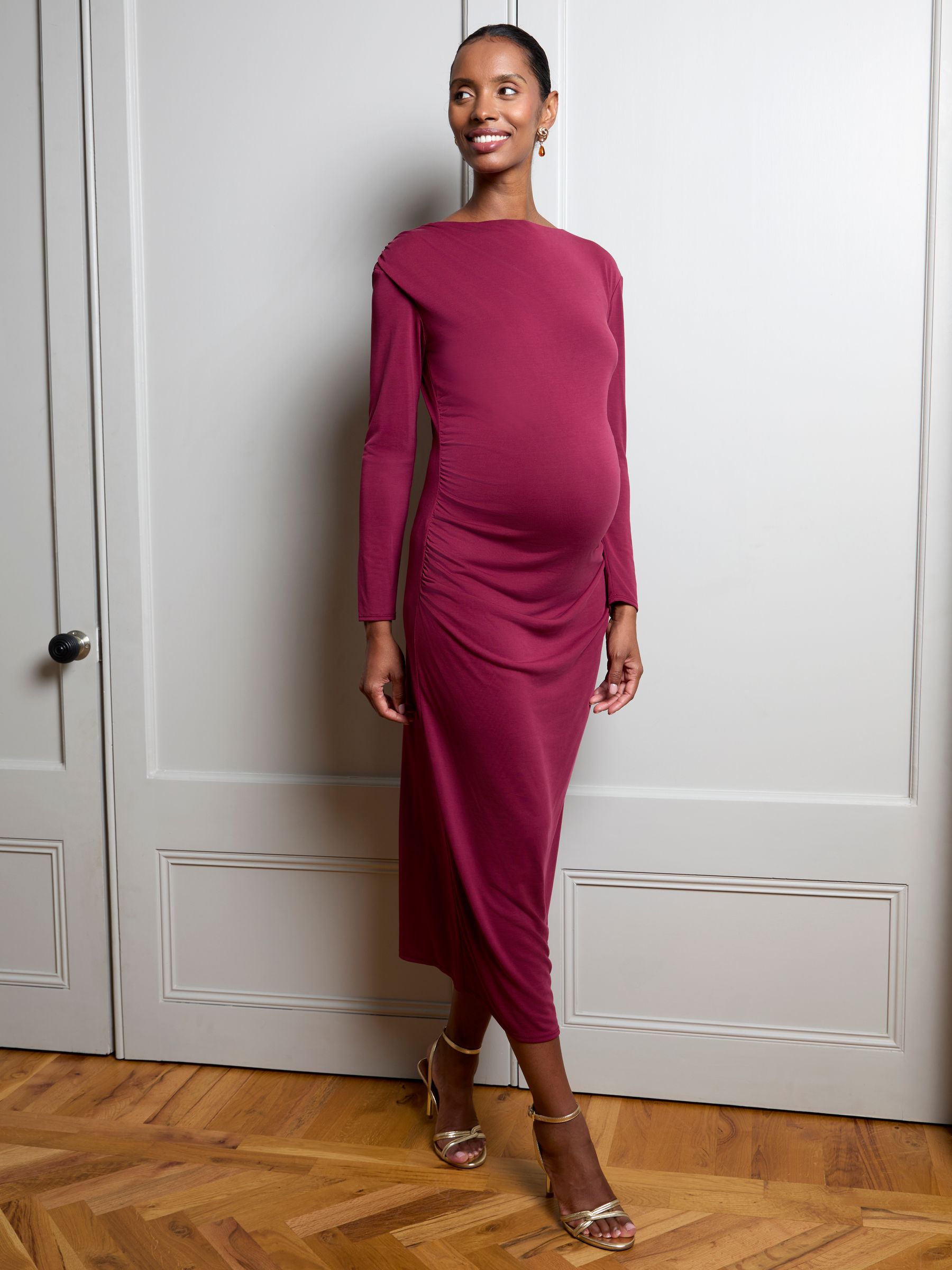Burgundy Red Long Sleeve Draped Maternity Midi Dress - Image 4 of 5