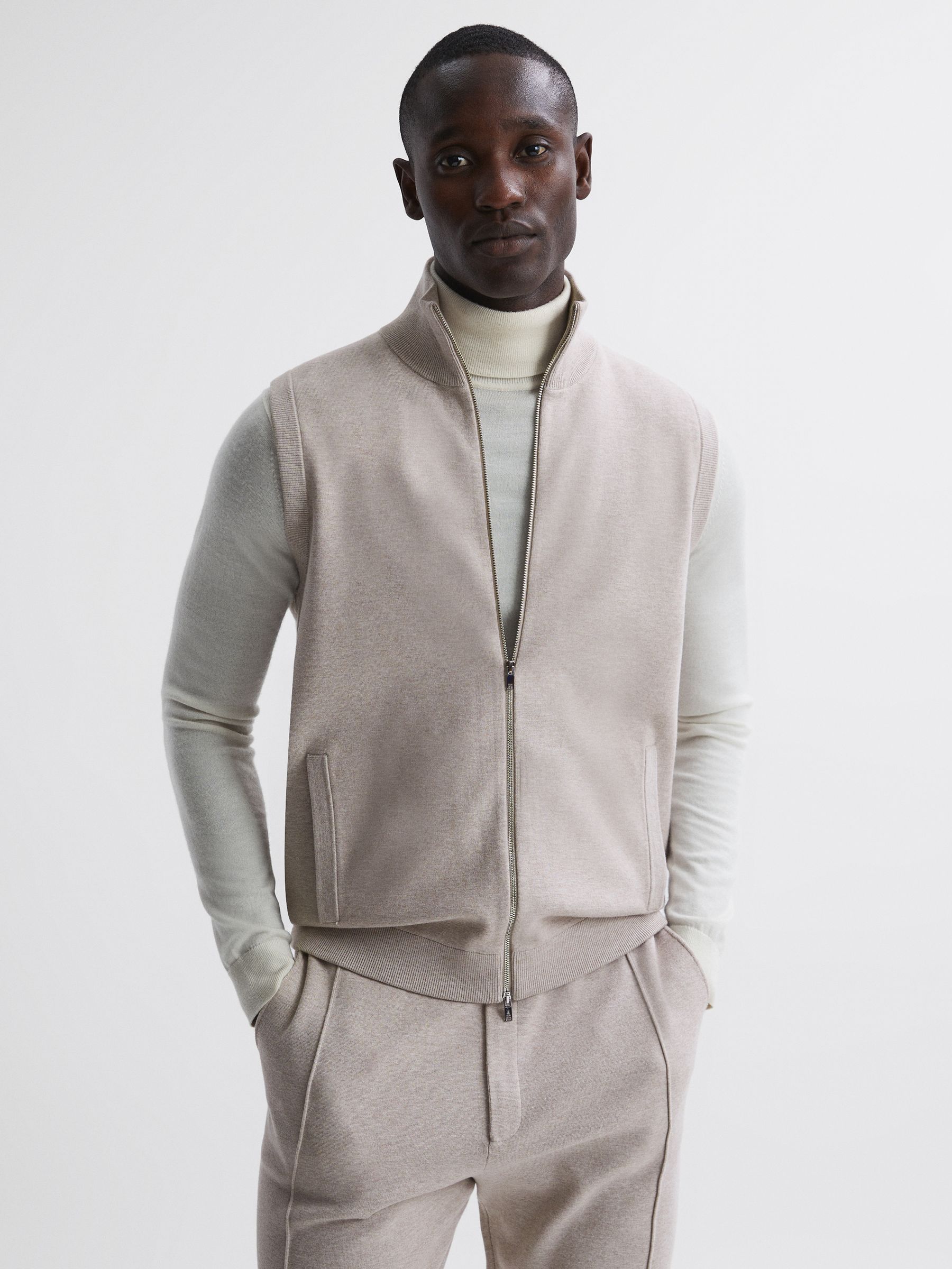 Knitted Sleeveless Zip-Through Vest in Oatmeal Melange - Image 1 of 4
