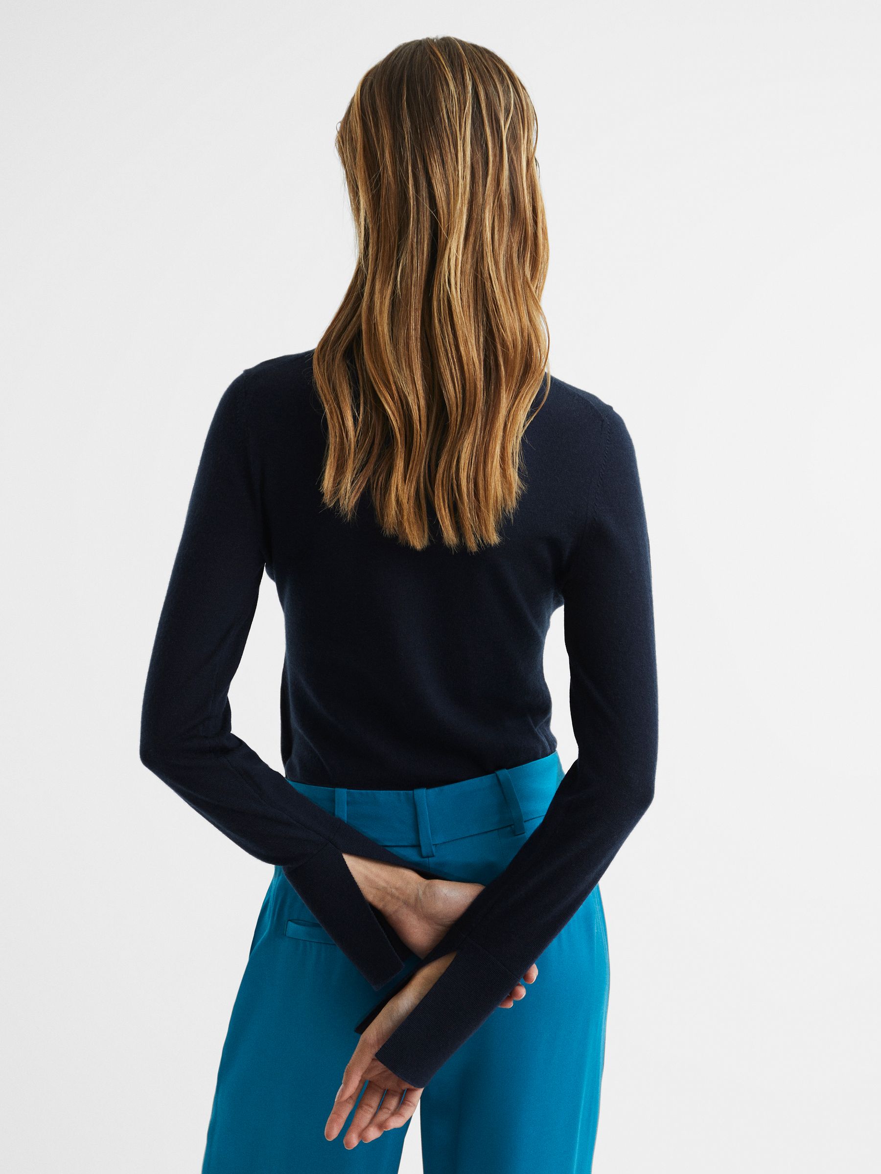 Merino Wool Split Sleeve Jumper in Navy - Image 5 of 6
