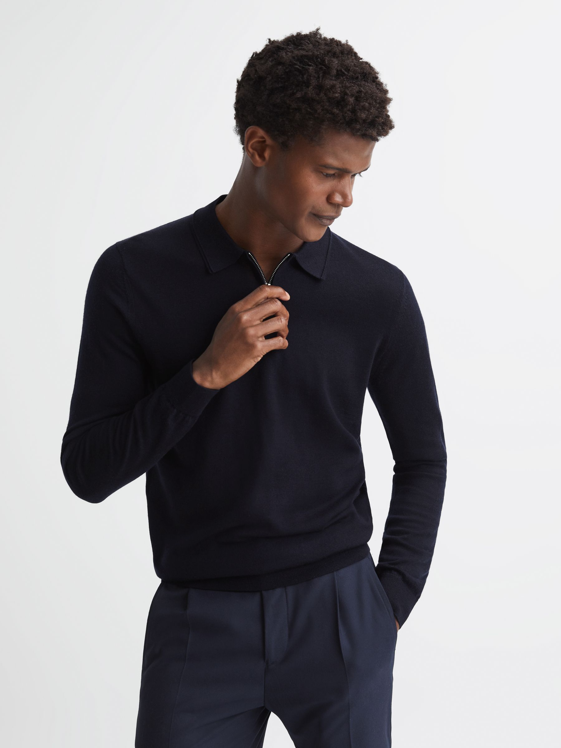 Wool Zip Neck Polo Shirt in Navy - Image 1 of 7 Wool Zip Neck Polo Shirt in Navy - Image 1 of 7