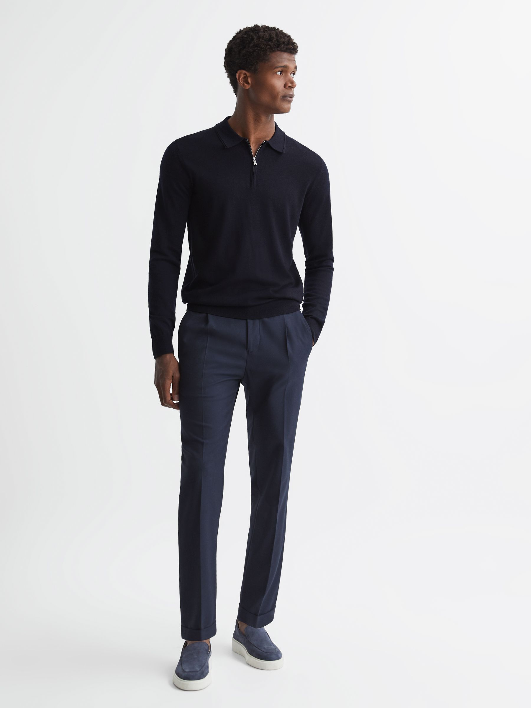 Wool Zip Neck Polo Shirt in Navy - Image 3 of 7