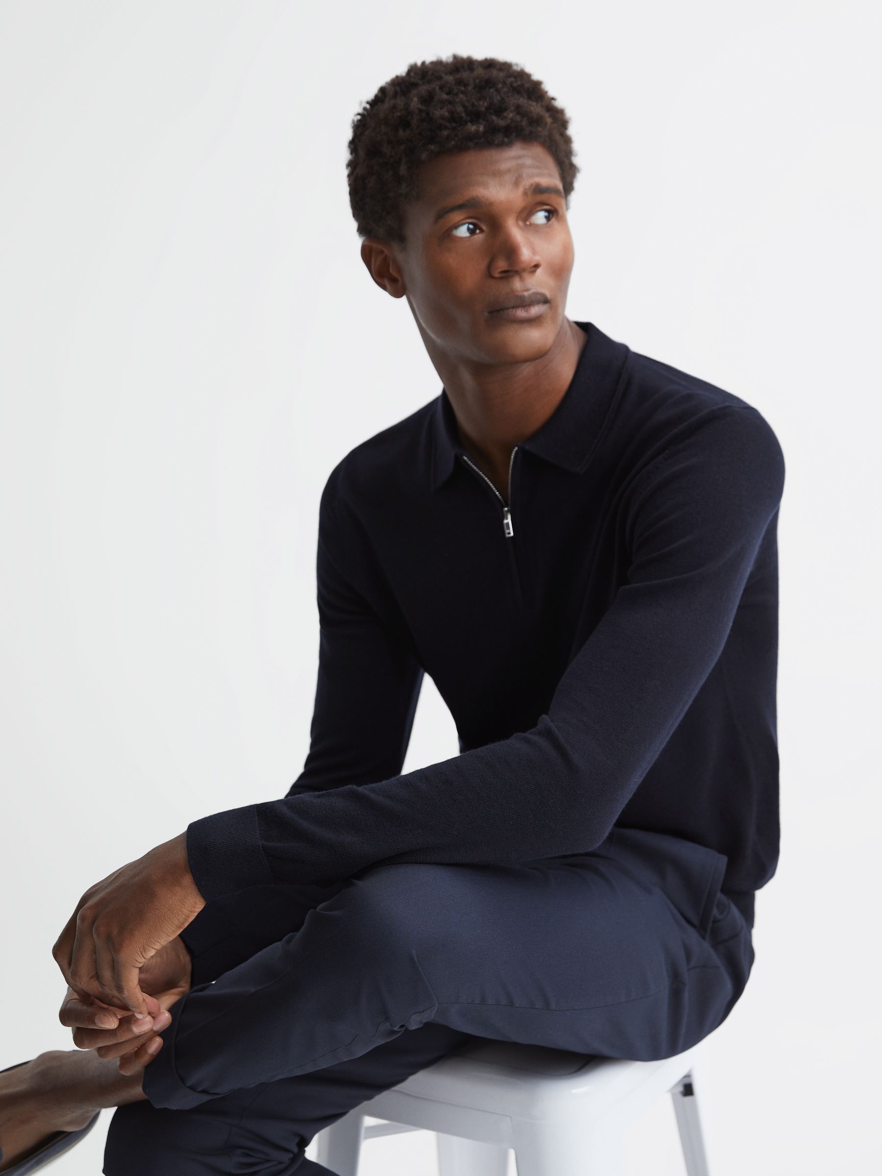 Wool Zip Neck Polo Shirt in Navy - Image 4 of 7
