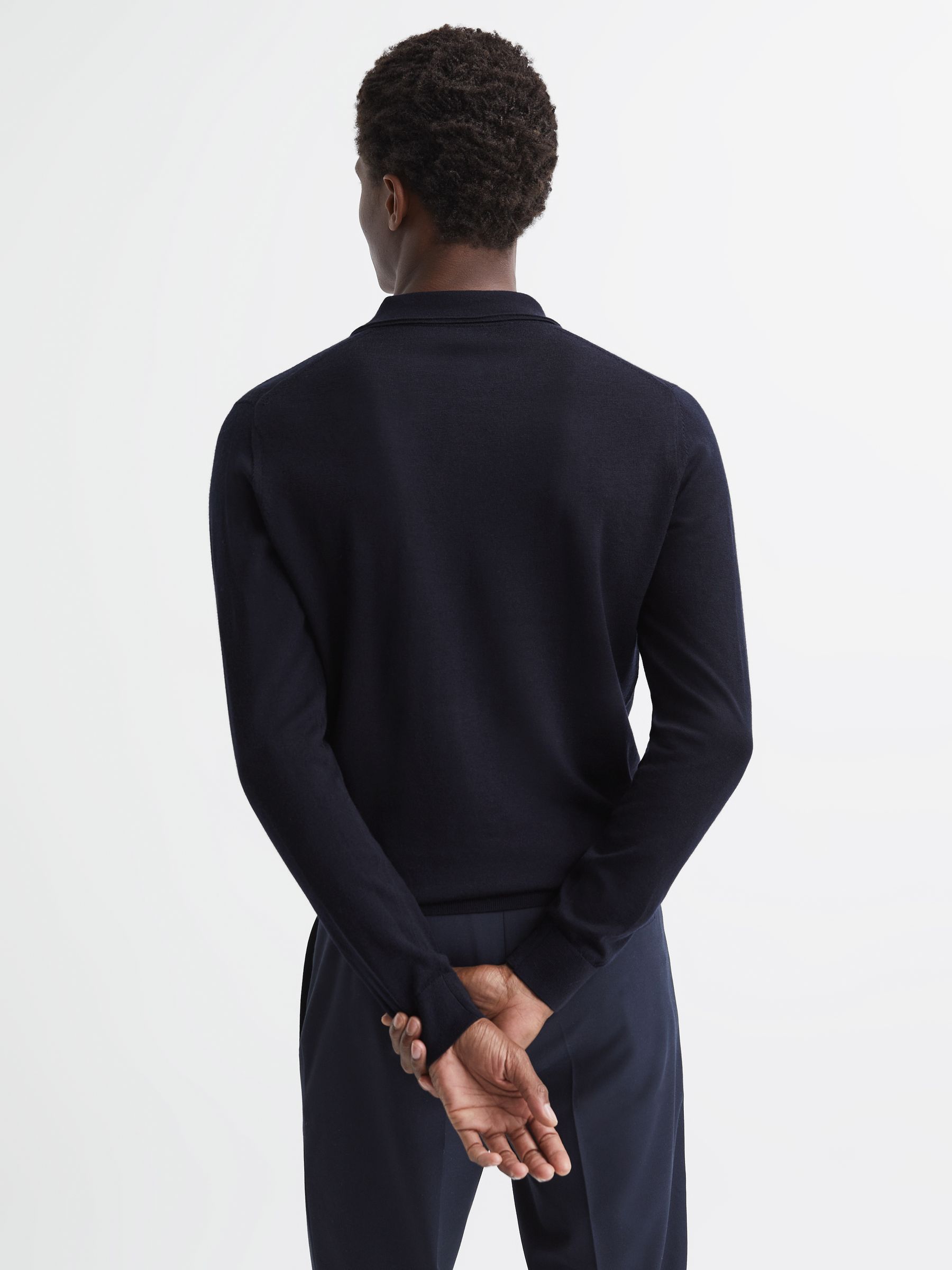 Wool Zip Neck Polo Shirt in Navy - Image 5 of 7