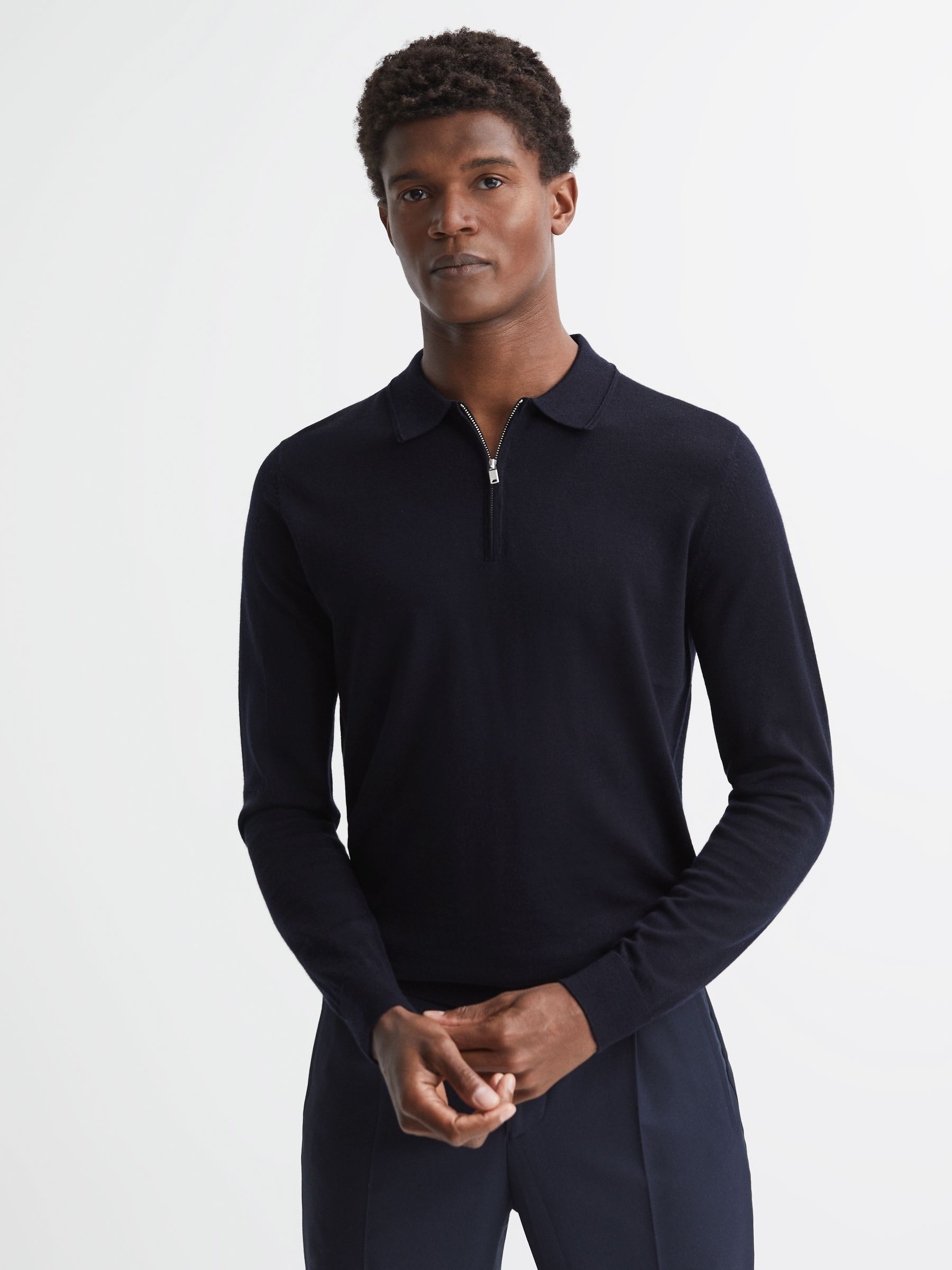 Wool Zip Neck Polo Shirt in Navy - Image 6 of 7