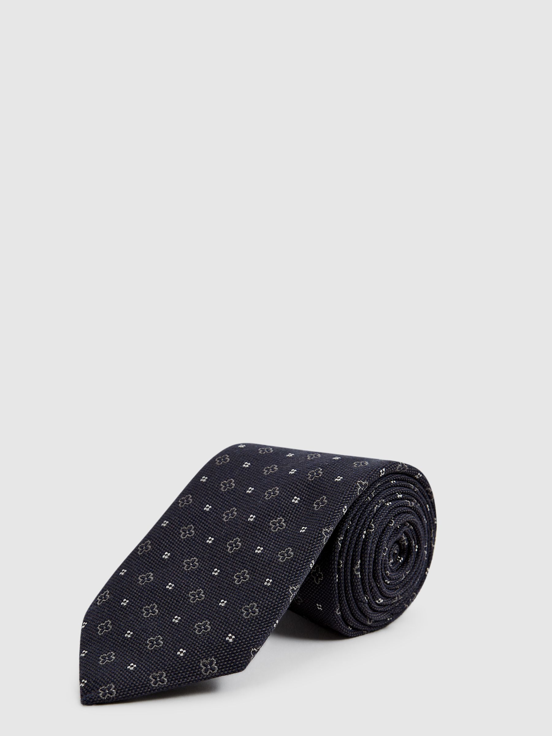 Ditsy Geo Print Wool Silk Tie in Navy - Image 1 of 5 Ditsy Geo Print Wool Silk Tie in Navy - Image 1 of 5