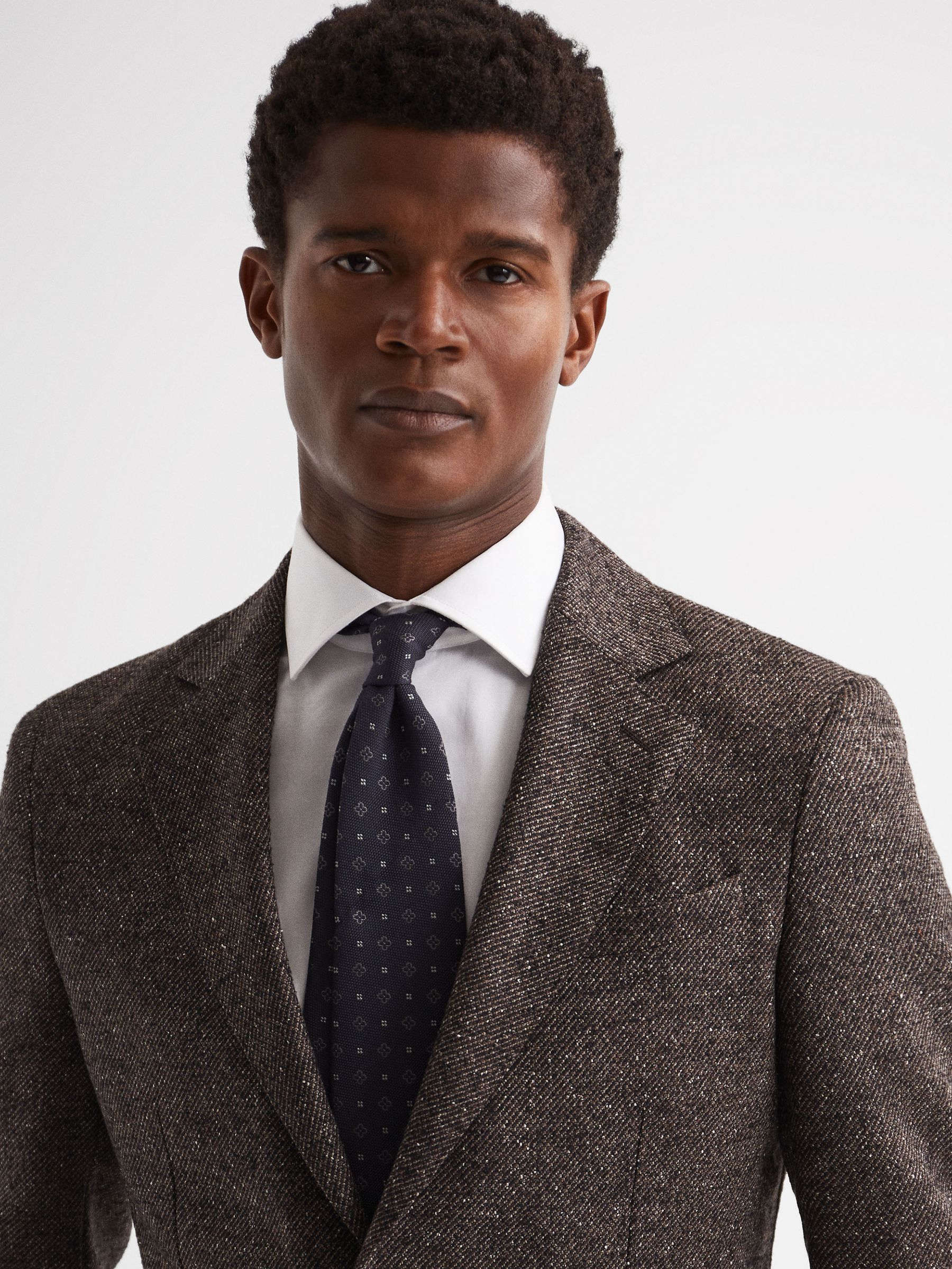 Ditsy Geo Print Wool Silk Tie in Navy - Image 2 of 5