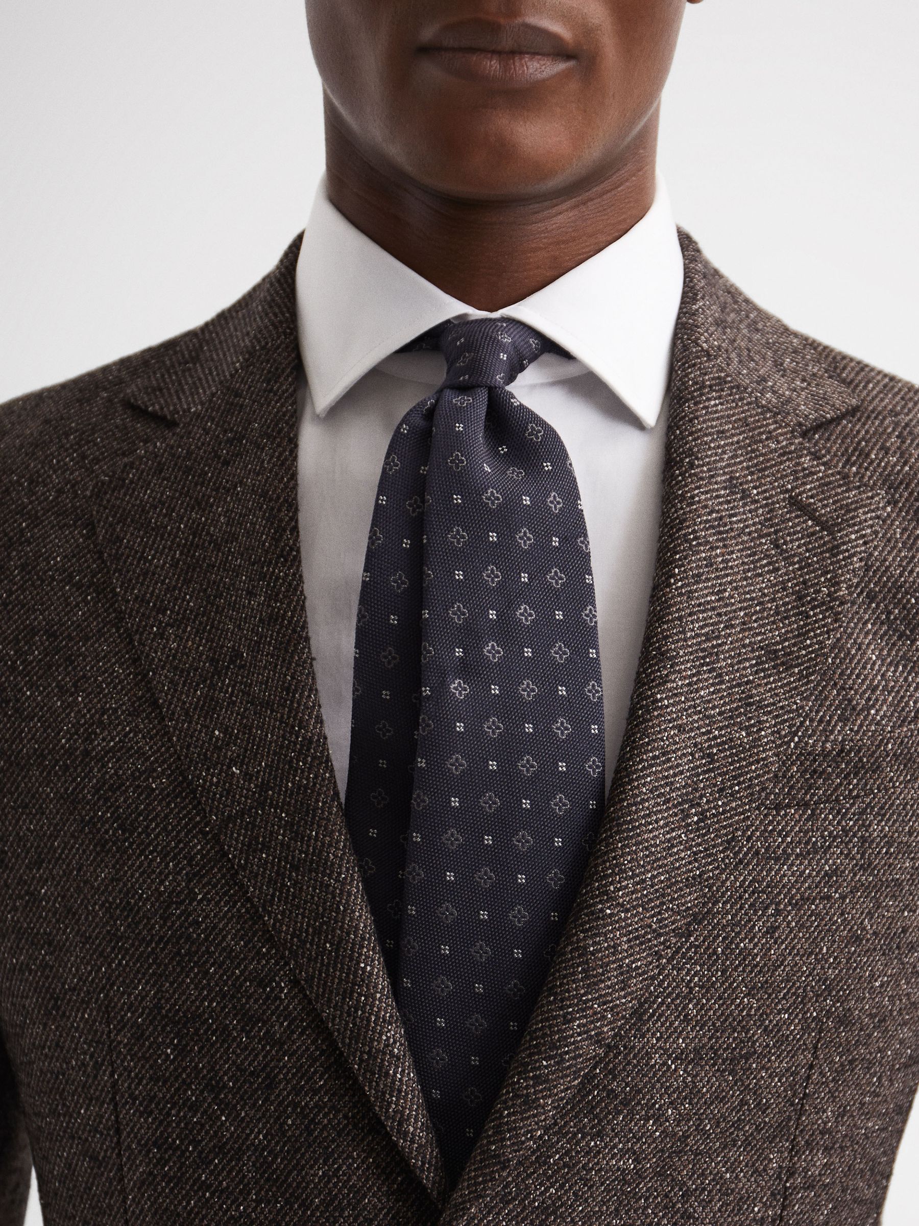 Ditsy Geo Print Wool Silk Tie in Navy - Image 3 of 5