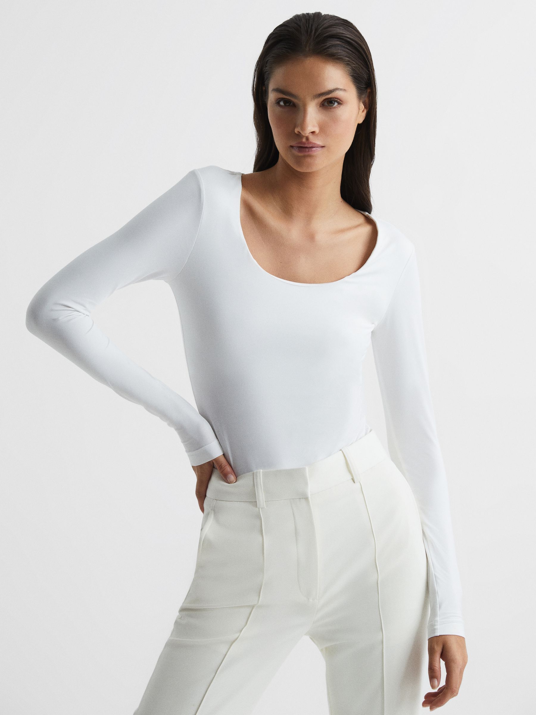Long Sleeve Scoop Neck Body in White - Image 1 of 6 Long Sleeve Scoop Neck Body in White - Image 1 of 6