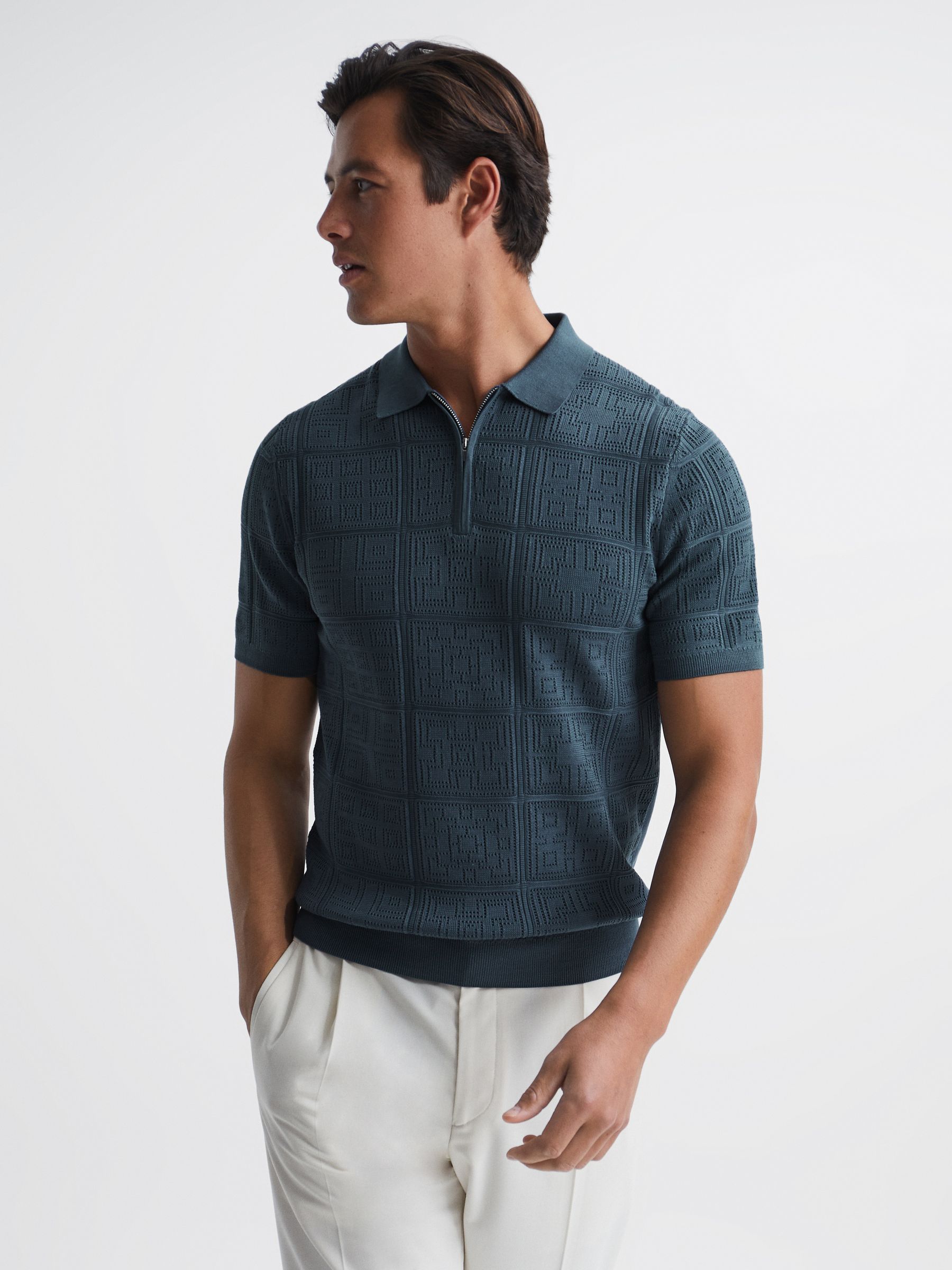 Half Zip Textured Polo Shirt in Airforce Blue - Image 1 of 6