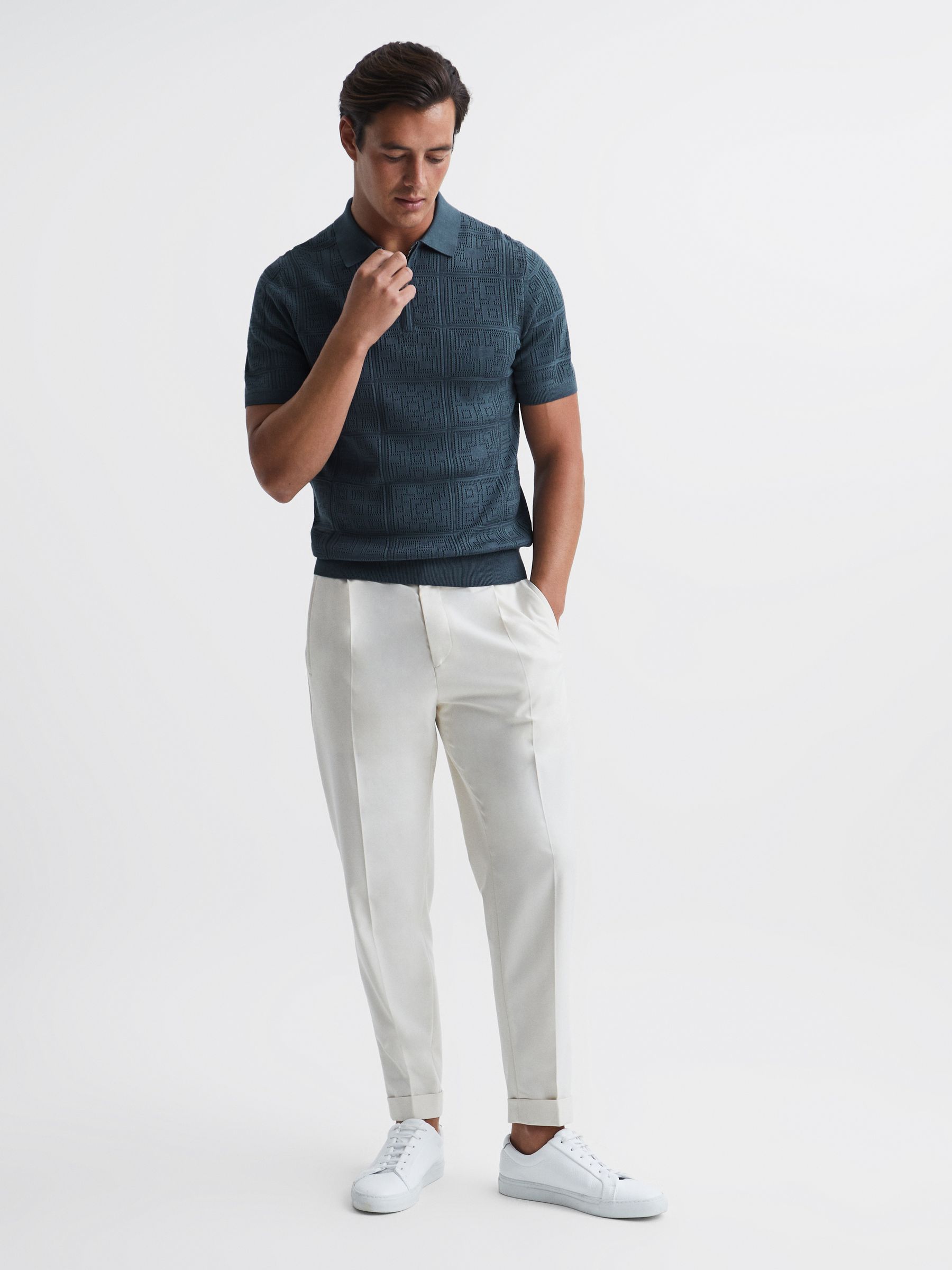 Half Zip Textured Polo Shirt in Airforce Blue - Image 3 of 6