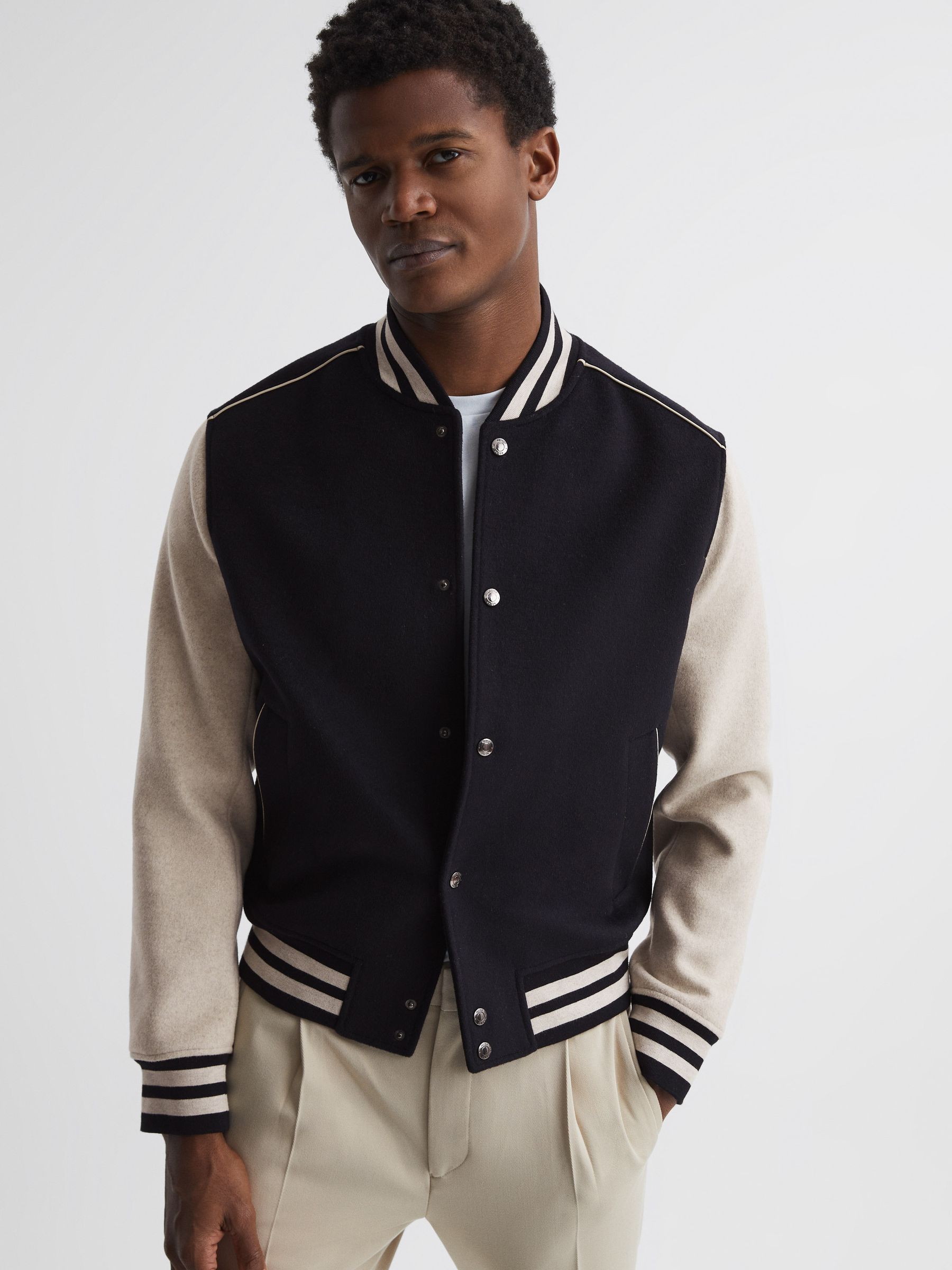 Varsity Bomber Jacket in Navy/Stone - Image 1 of 6