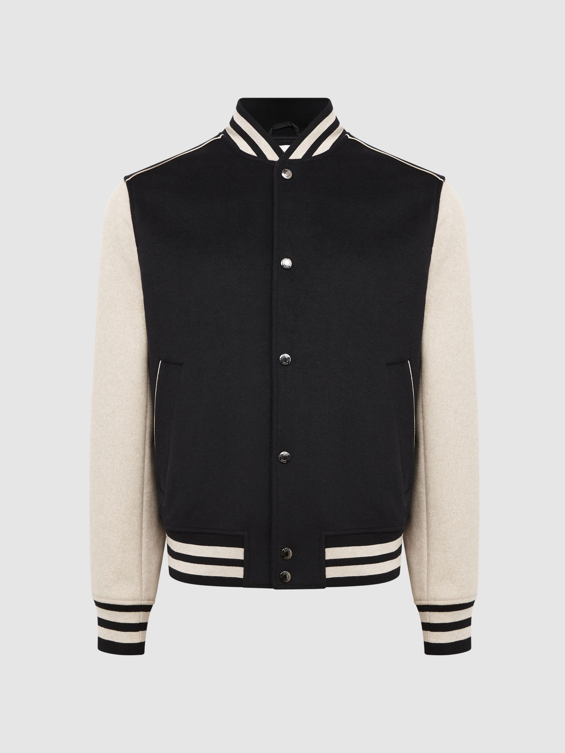 Varsity Bomber Jacket in Navy/Stone - Image 2 of 6 Varsity Bomber Jacket in Navy/Stone - Image 2 of 6