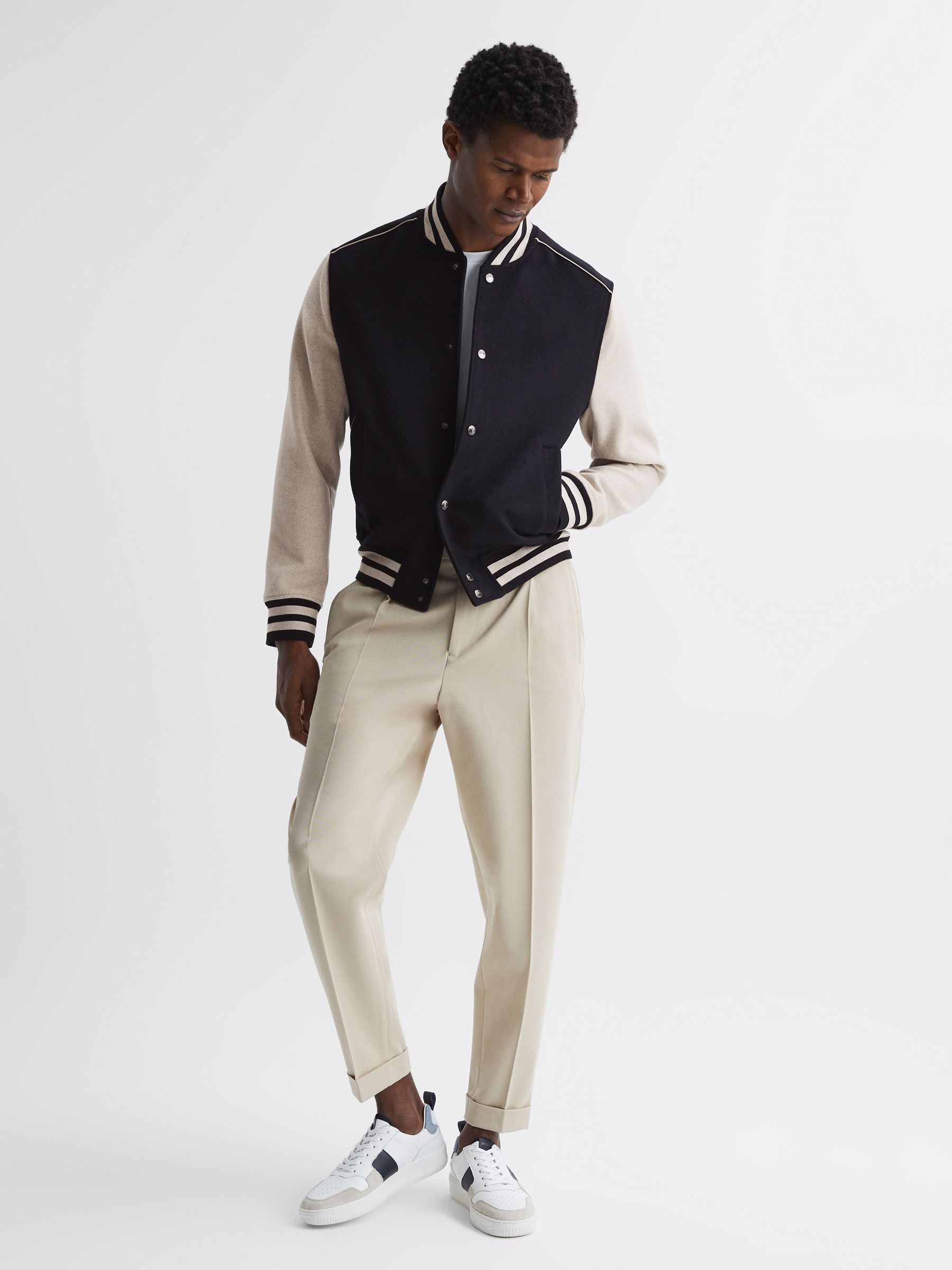 Varsity Bomber Jacket in Navy/Stone - Image 3 of 6