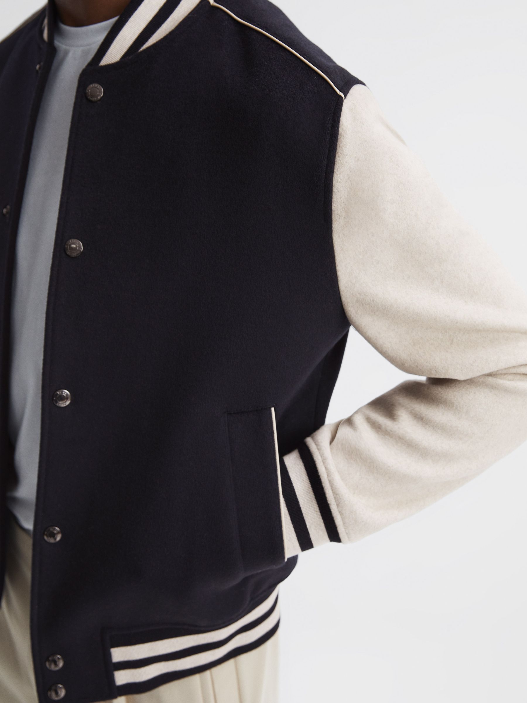 Varsity Bomber Jacket in Navy/Stone - Image 4 of 6