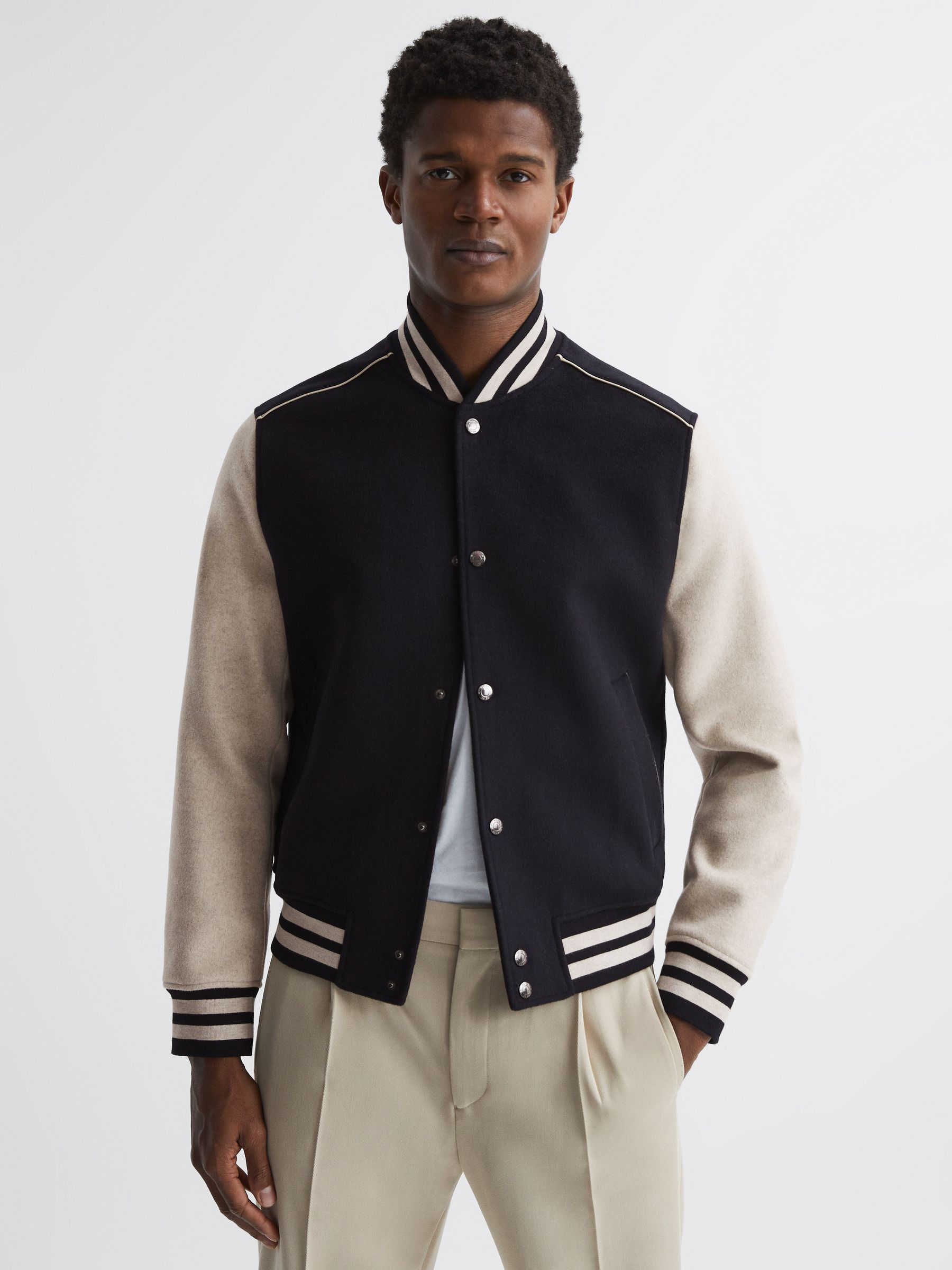 Varsity Bomber Jacket in Navy/Stone - Image 6 of 6