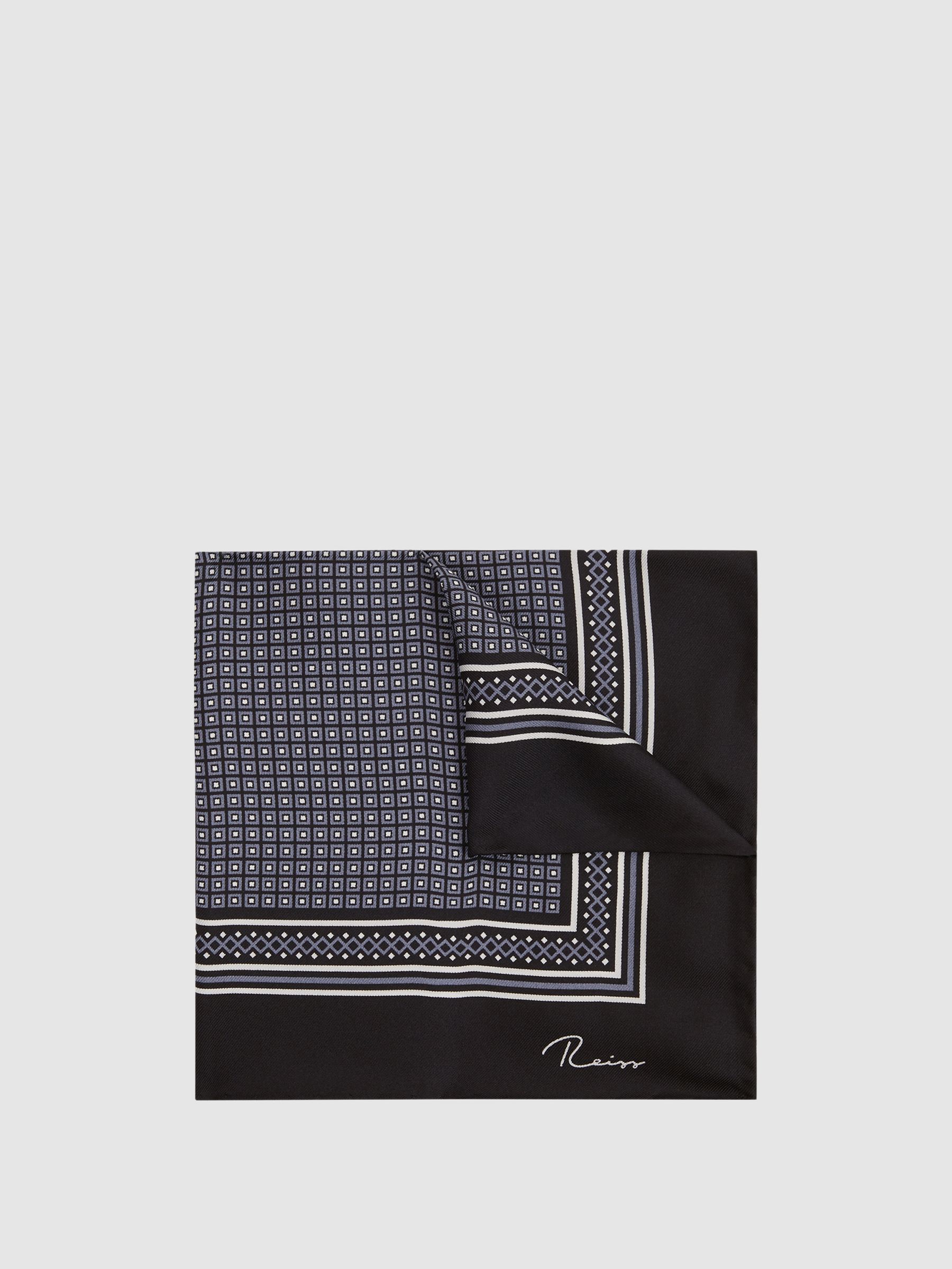 Geo Border Printed Silk Pocket Square in Black - Image 1 of 5