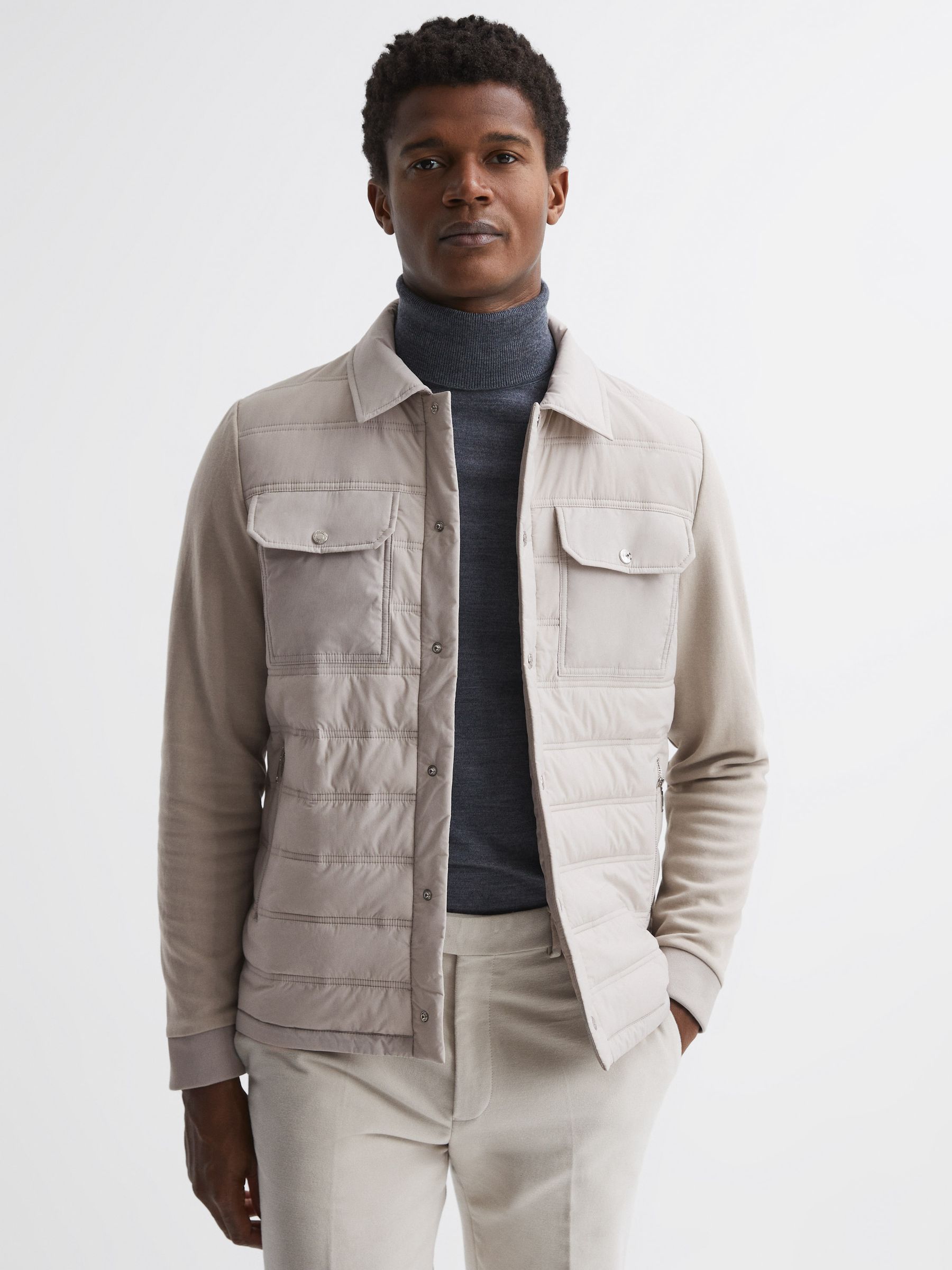 Long Sleeve Quilted Hybrid Jacket in Stone - Image 1 of 6