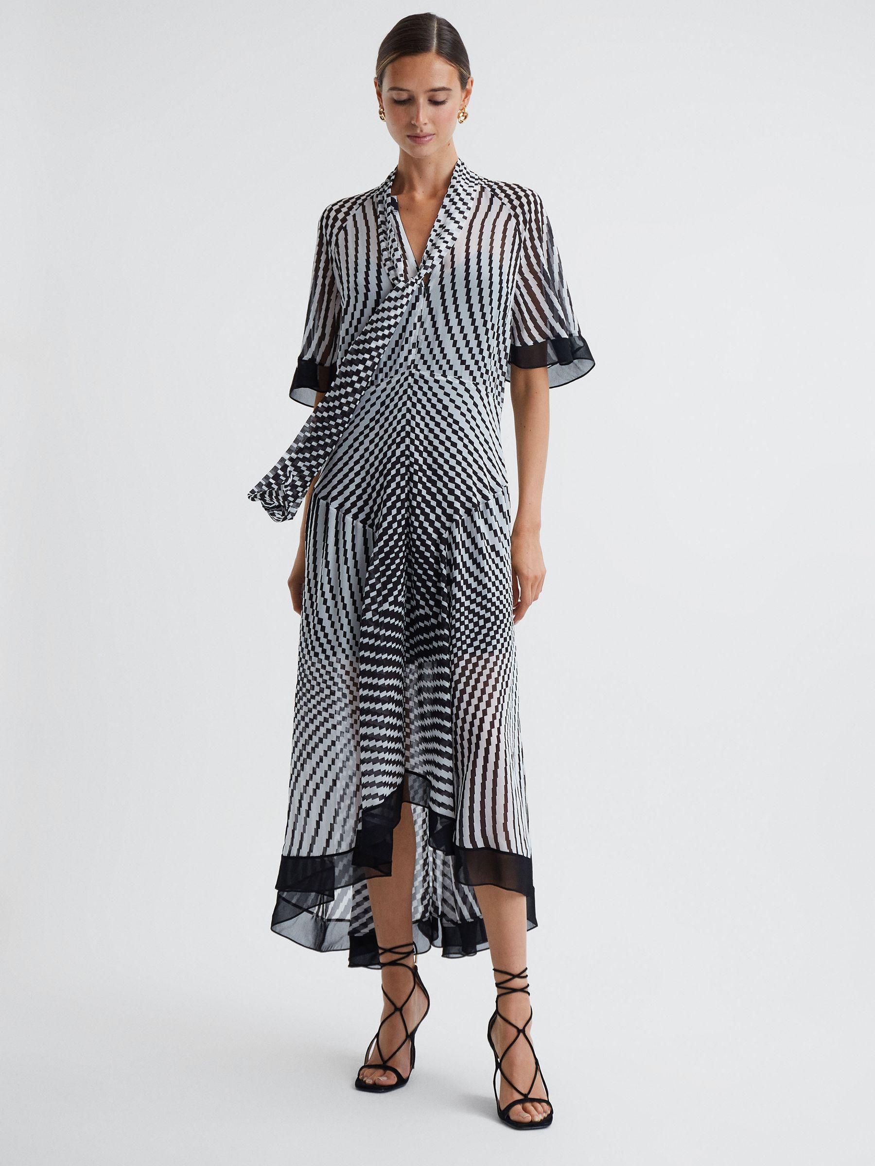 Check Removable Neck Tie Midi Dress in Black/White - Image 1 of 5