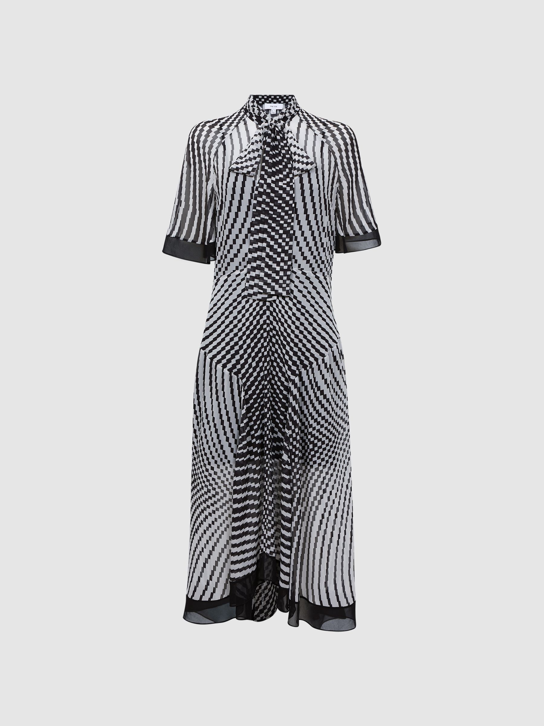 Check Removable Neck Tie Midi Dress in Black/White - Image 2 of 5